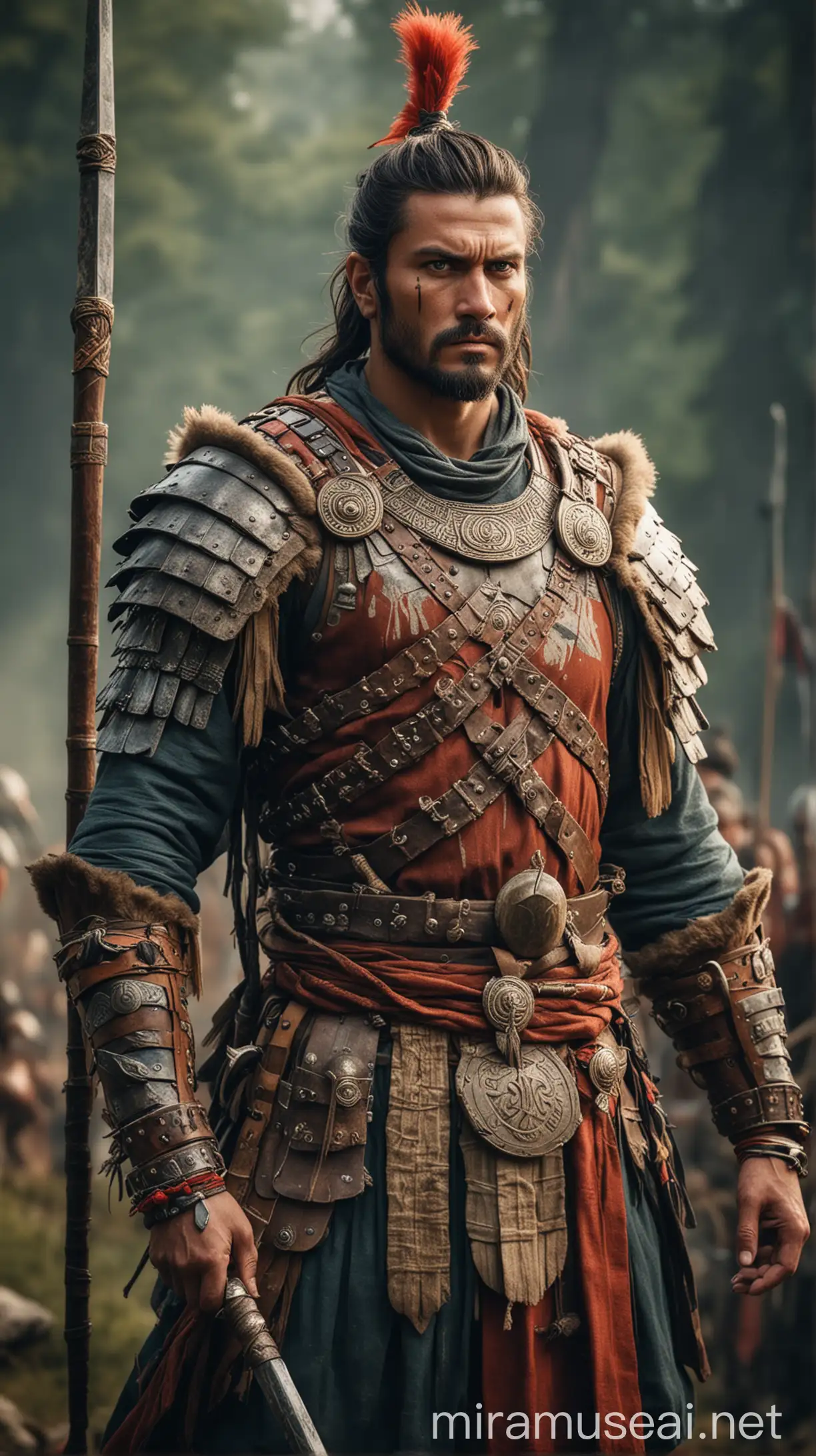 A strong, noble warrior in ancient attire, standing confidently with a fierce yet compassionate expression. He is surrounded by a backdrop of a vibrant, battle-ready clan."In ancient world 
