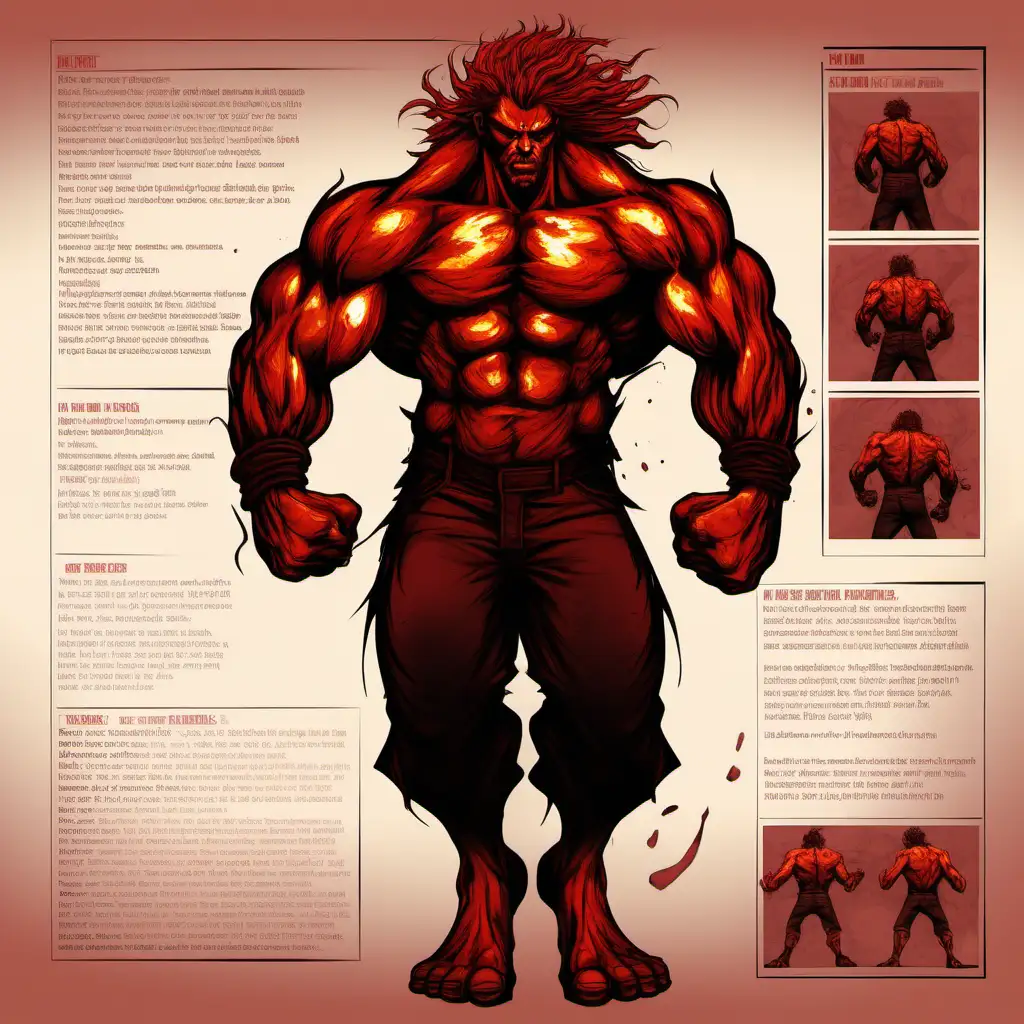 Character sheet, beat em up art style, He stands tall and imposing, with muscles rippling beneath his charred skin. His eyes burn like embers in the darkness, smoldering with an intense inner fire. Wild, crimson hair cascades down his back like molten lava, framing a face twisted into a perpetual scowl. Scars crisscross his body, testament to countless battles fought and won. Every movement is a dance of controlled fury, his fists wreathed in flames that flicker and dance with his every step. He exudes an aura of unbridled power, radiating heat and intimidation to all who dare to stand in his way.