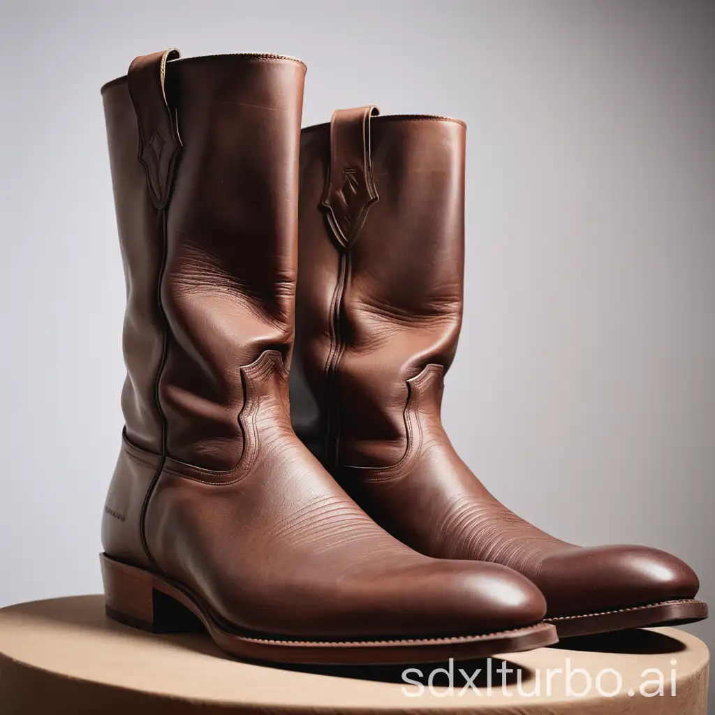 A close-up image of a pair of men's brown leather boots. The boots are made of a high-quality leather and have a classic design with a rounded toe and a stacked heel. The image is taken from a low angle to emphasize the boots' height and quality.