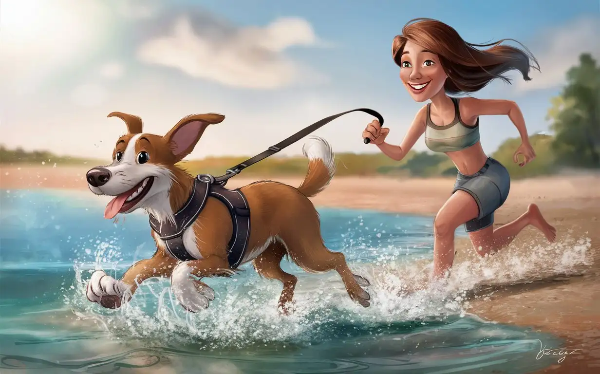 cartoon style, A woman is joyfully playing with a dog in a body of water. The dog, wearing a leash and harness, is swimming energetically through the shallow water while the woman, who has long hair, smiles and appears to be running alongside it. The setting seems to be a beach or lakeside area during daylight with clear skies.