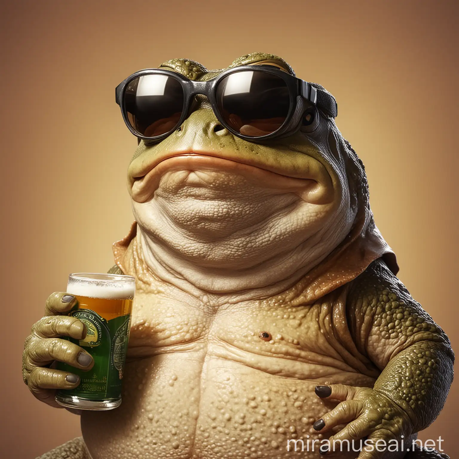 A short, fat, smug toad wearing sunglasses with a beer