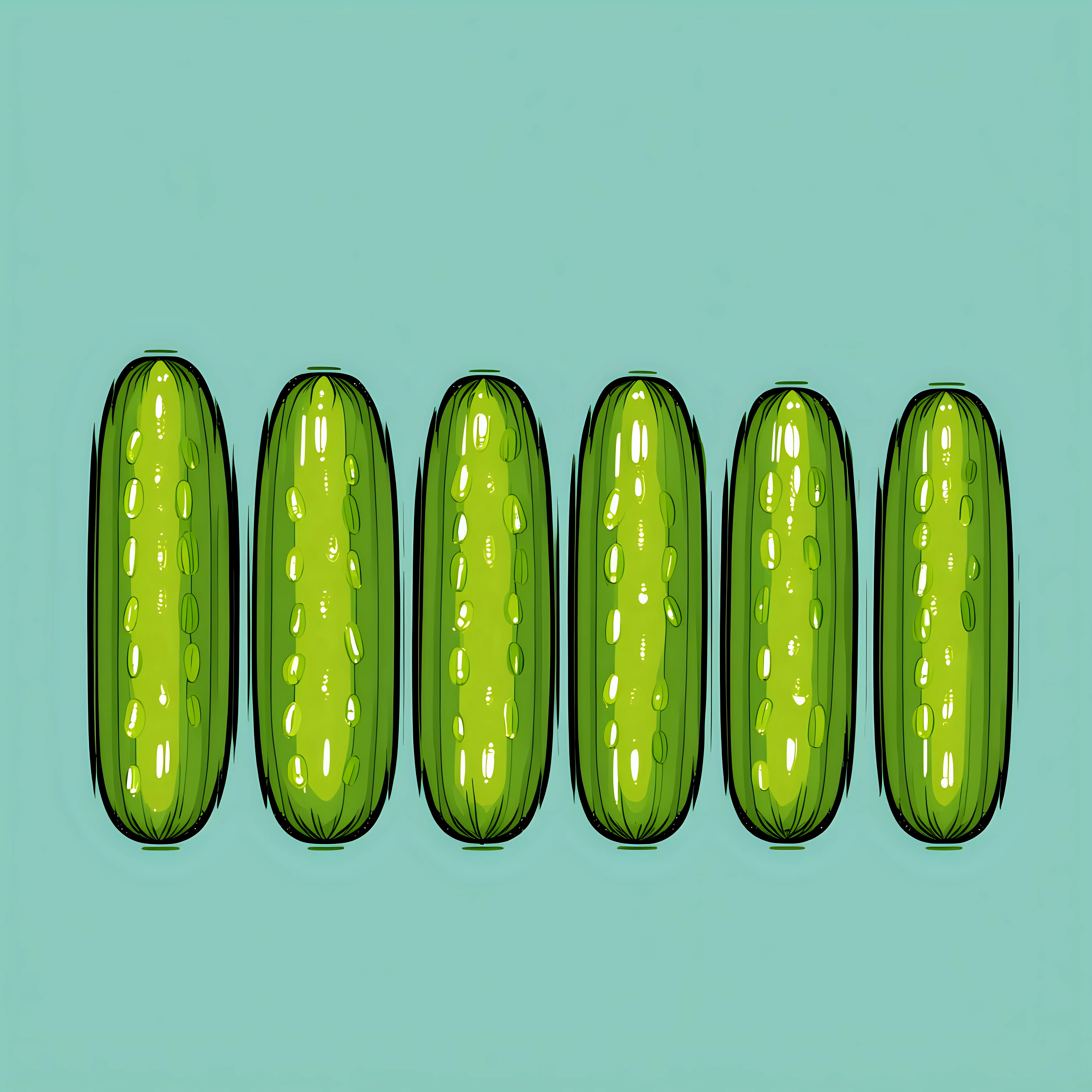 Five Thin Pickles Arranged in a Colorful Line Drawing