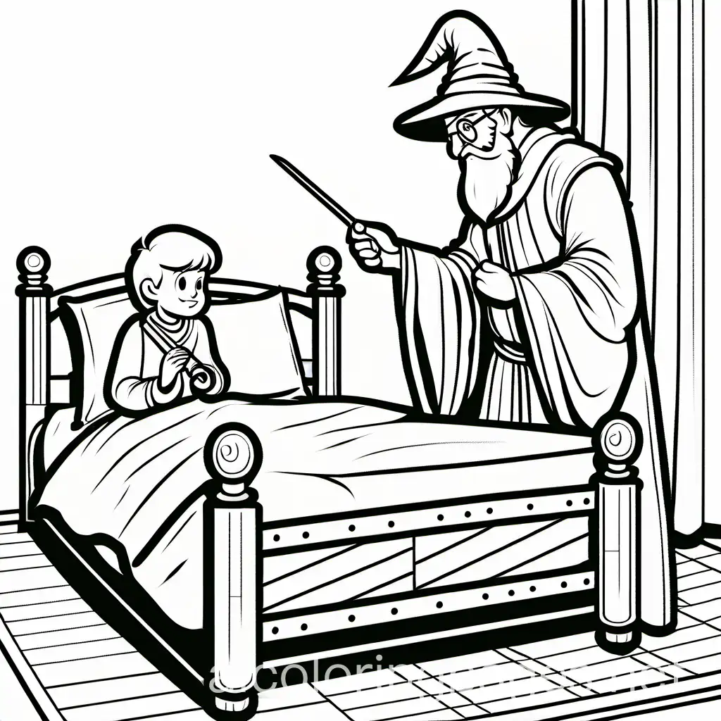 young boy sitting on a bed with a angry wizard pointing his wand at him, Coloring Page, black and white, line art, white background, Simplicity, Ample White Space. The background of the coloring page is plain white to make it easy for young children to color within the lines. The outlines of all the subjects are easy to distinguish, making it simple for kids to color without too much difficulty