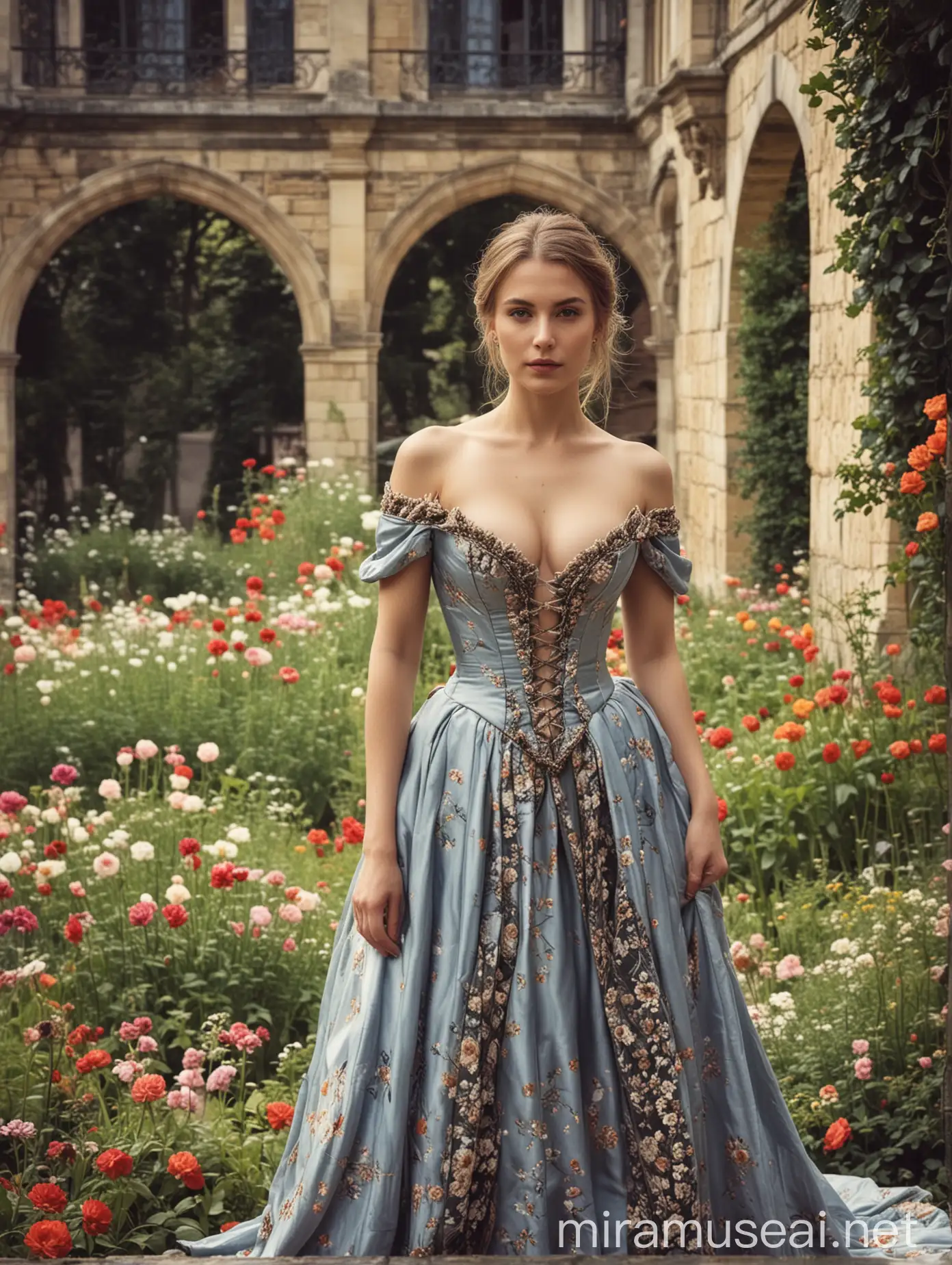 Elegant Courtesans in Medieval Palace Gardens Beautiful Women in LowCut Dresses among Flowers