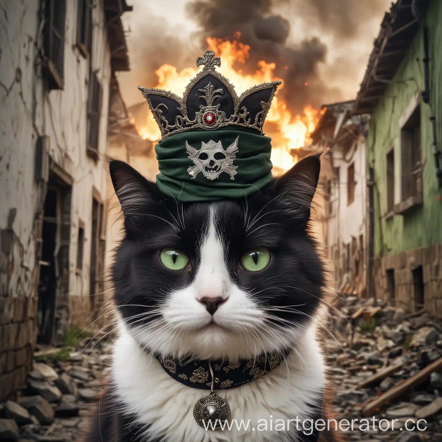 Черно-белая пушистая кошка с зелеными глазами, которая является революционером Болгарии. Черные вставки у нее небольшие, морда на 80 процентов белая. У нее должен быть патронаш,  пиратская повязка на глазе и злое выражение морды. На фоне - горящие здания. И болгарская корона на голове