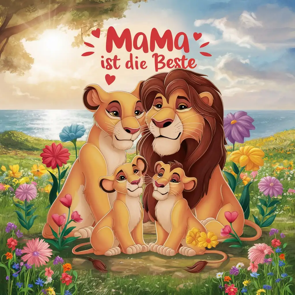 Text::'Mom is the best'', lion family with lion mother, and lion father and two lion cubs, flowers, meadow, sun, paradise, lake, 