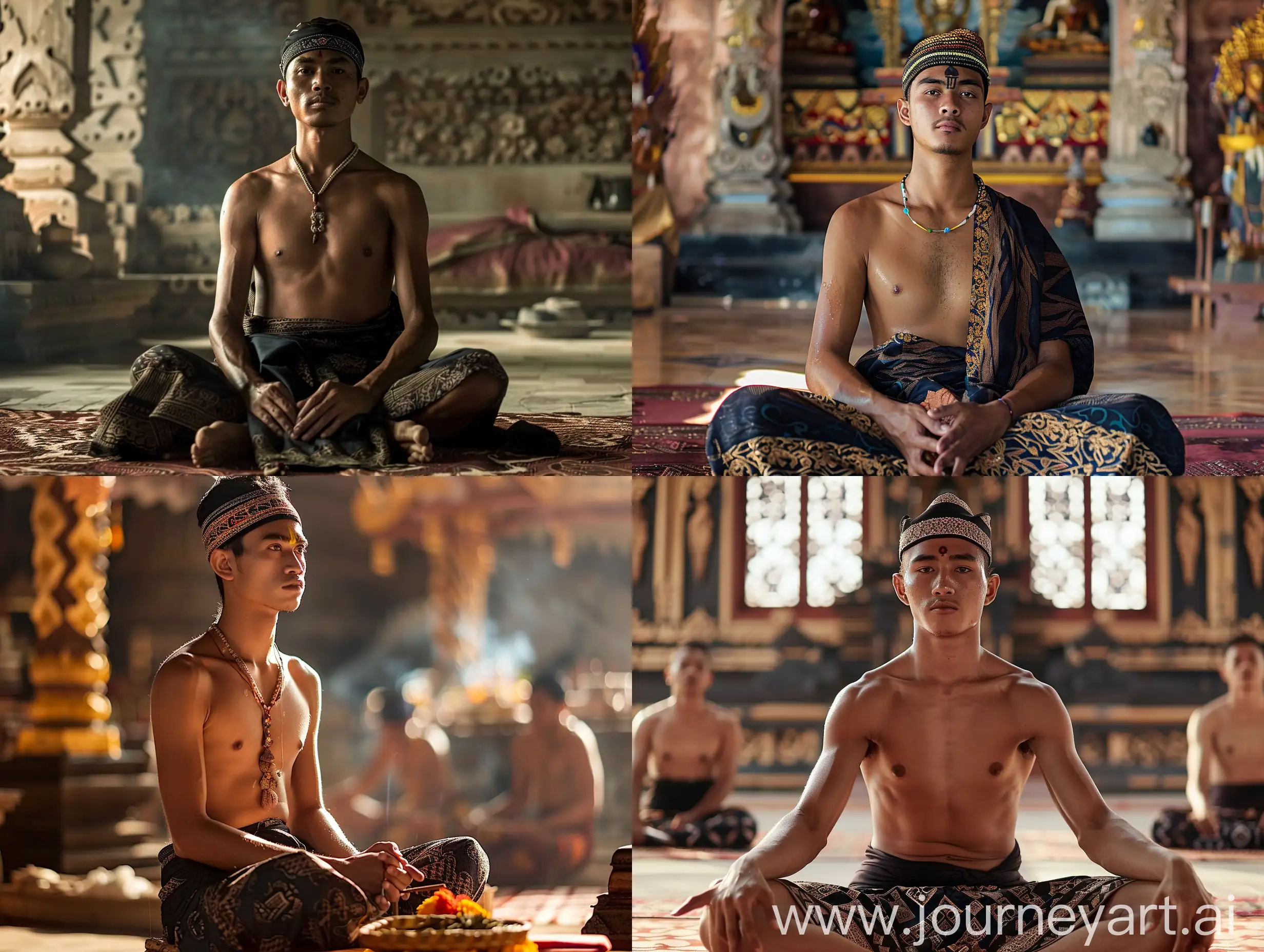 Cinematic panorama of the Sundanese Kingdom of Pajajaran in the afternoon, a man, without a shirt, wears a totopong headband, a headband made of batik or woven black cloth, wears a typical Sundanese batik songket cloth, the cloth is wrapped around his waist and hangs down to his ankles. traditional royal sarong, sitting performing rituals in the temple --v 6 --ar 16:9