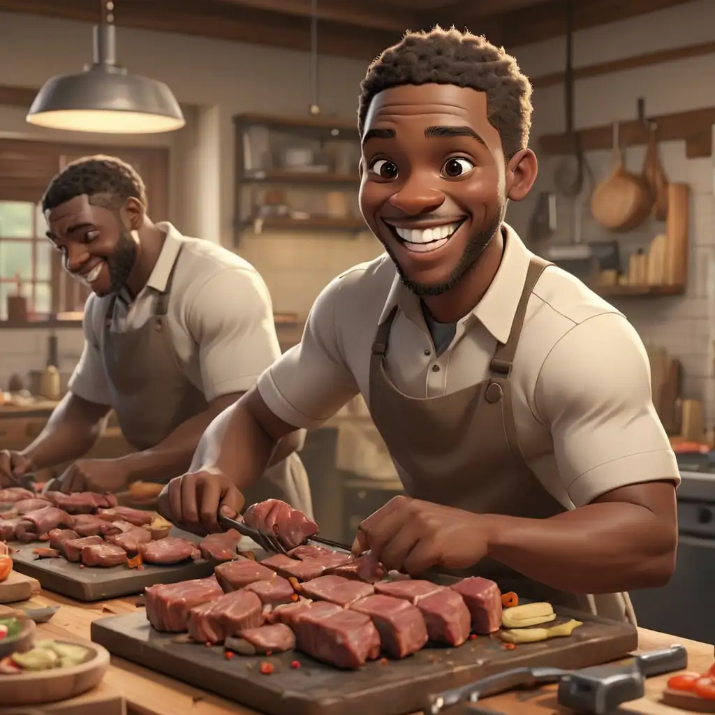 Cheerful African American Men Cooking Together Joyful Preparation of Meat in Cartoon Style