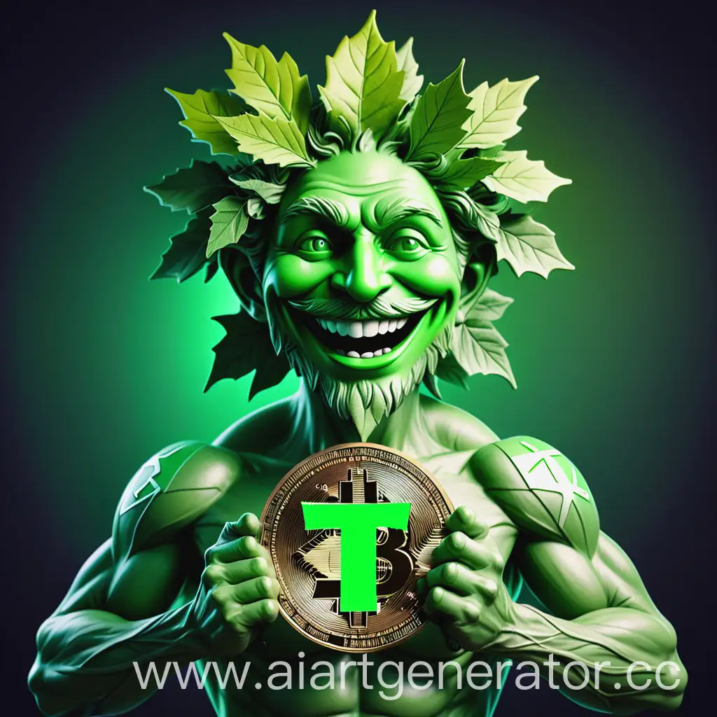 Зелёный человек с надписью T-PROJECT, держит криптовалюту TTTU и радуется 