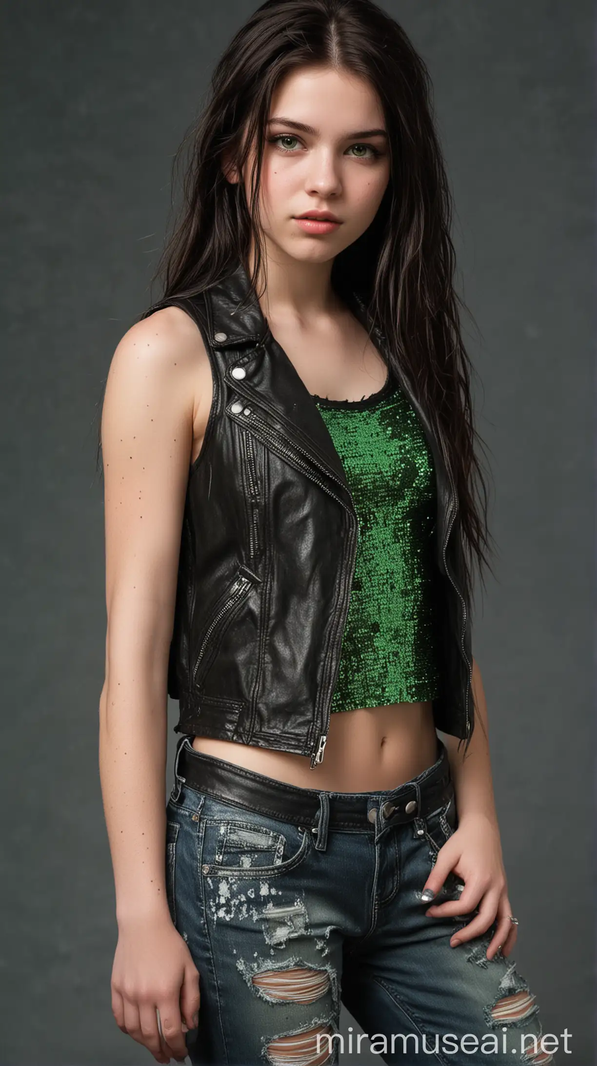 A 17-year-old white-skinned woman. She had long, straight dark brunette hair with green highlights and brown eyes. She wore a green sequin tank top with a black sleeveless leather jacket over the top and ripped jeans. She seemed to emanate an calm and distrustful aura. Full-body model.