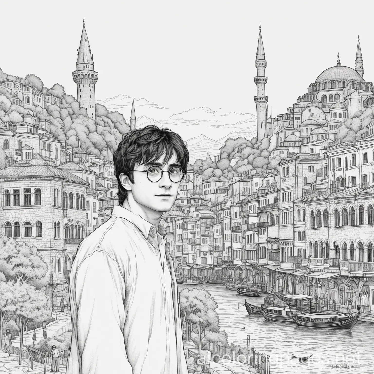 harry potter in istanbul, Coloring Page, black and white, line art, white background, Simplicity, Ample White Space. The background of the coloring page is plain white to make it easy for young children to color within the lines. The outlines of all the subjects are easy to distinguish, making it simple for kids to color without too much difficulty