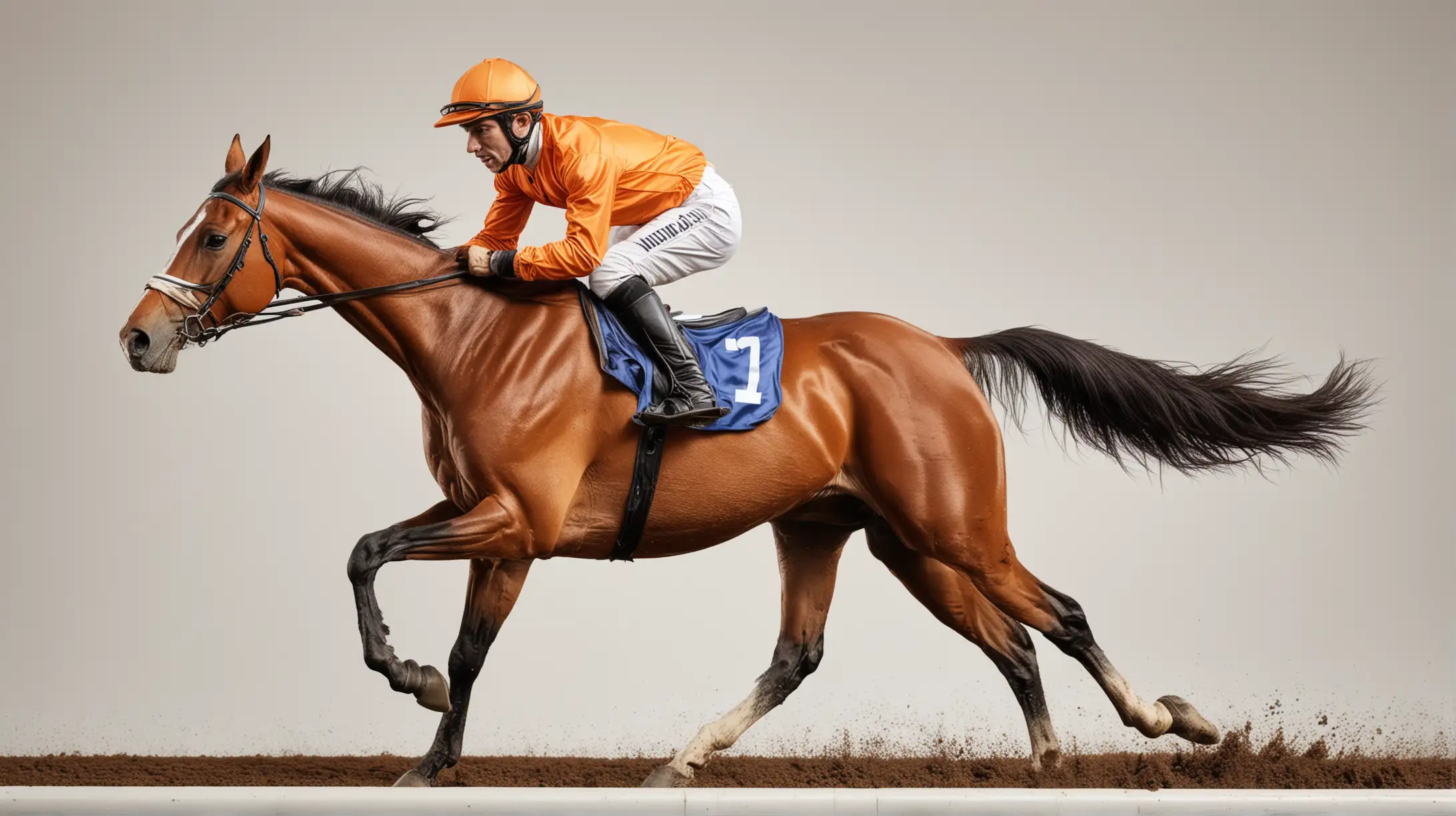 Racehorse with jockey at races. Isolated on a white background, orange jersey