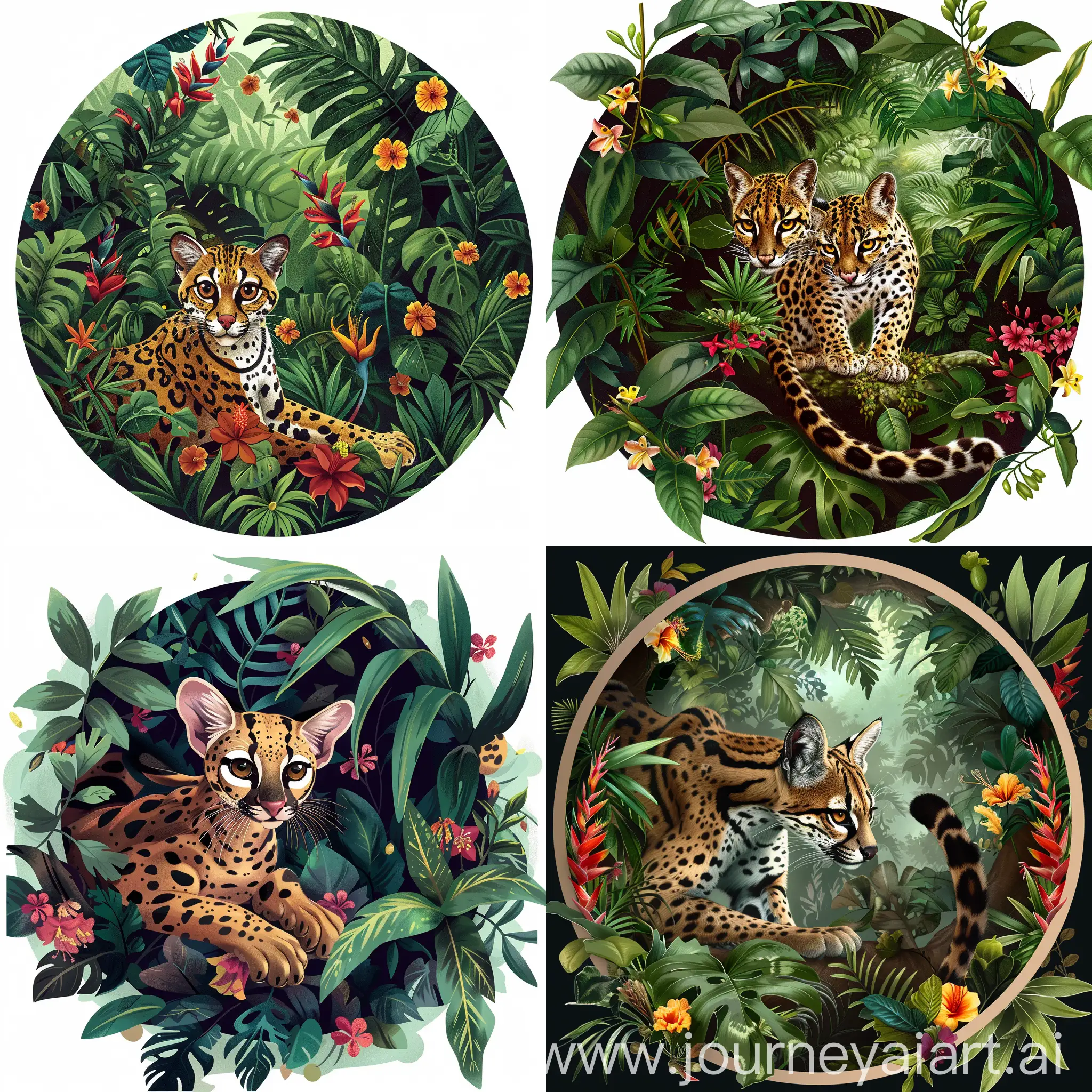 Art of a charming margay exploring the dense Paraguayan forest, (on a white background:1.2), Illustrative Nature style, intricate details, 4k, masterpiece, lush foliage and colorful tropical flowers should surround the central round-shaped comic