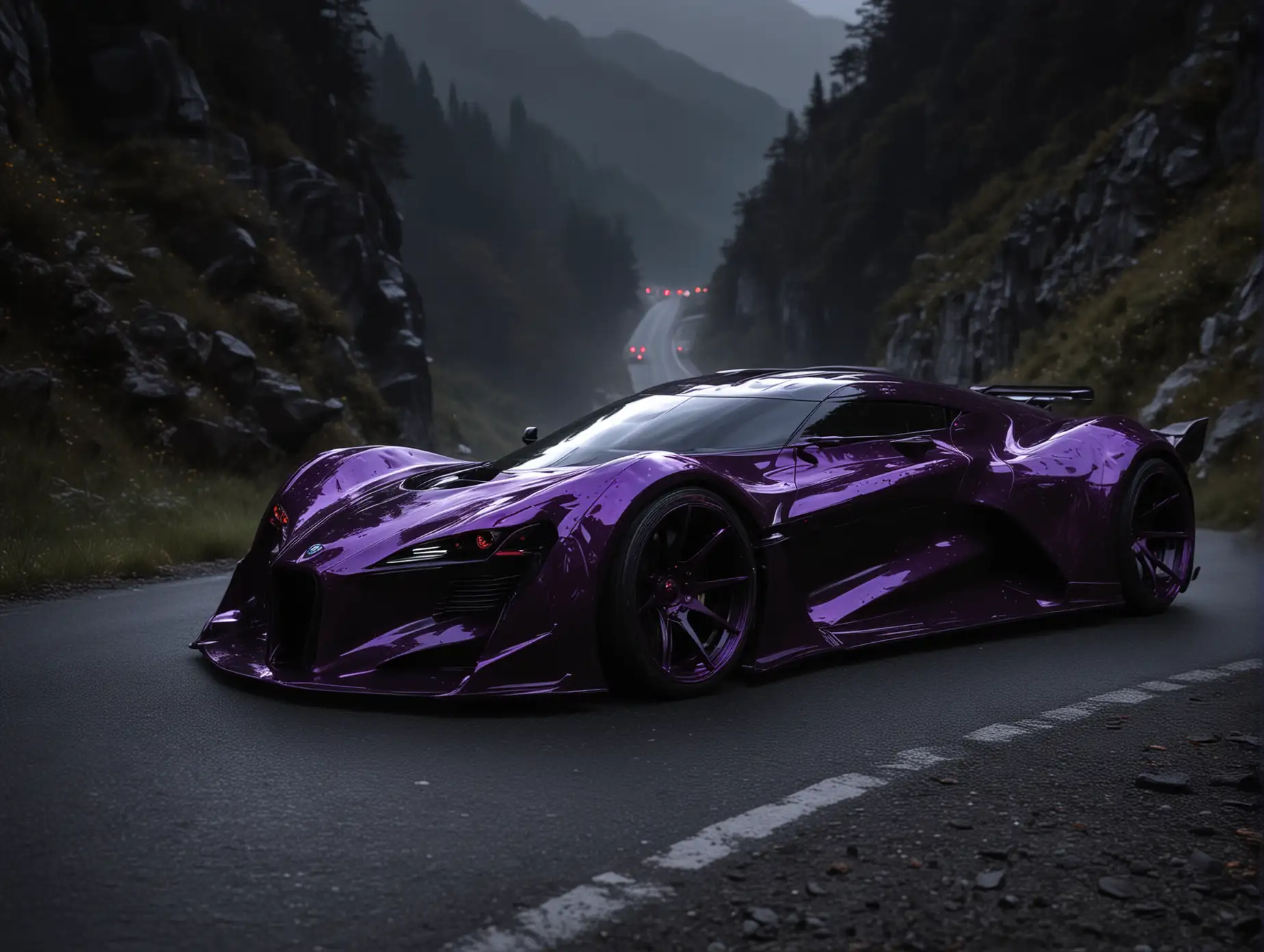 Create futuristic sport European cars tuning type Evil venom with big Wells drifting at night on Downhill background metallic black dark color rear view from far away lightning marks on the body of car add blue's purple  fire