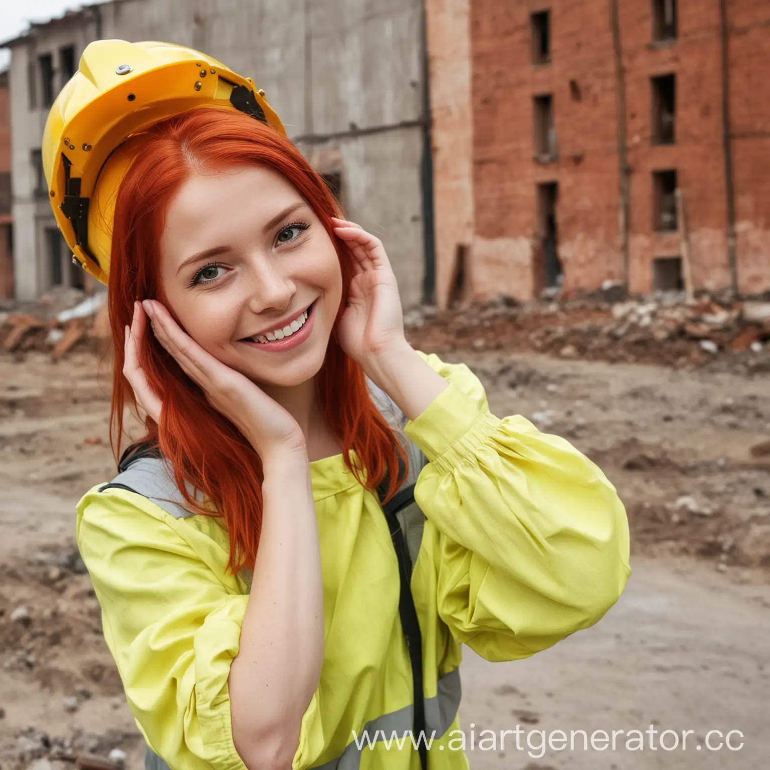 RedHaired-Girl-in-Yellow-Helmet-Directing-Construction-Work