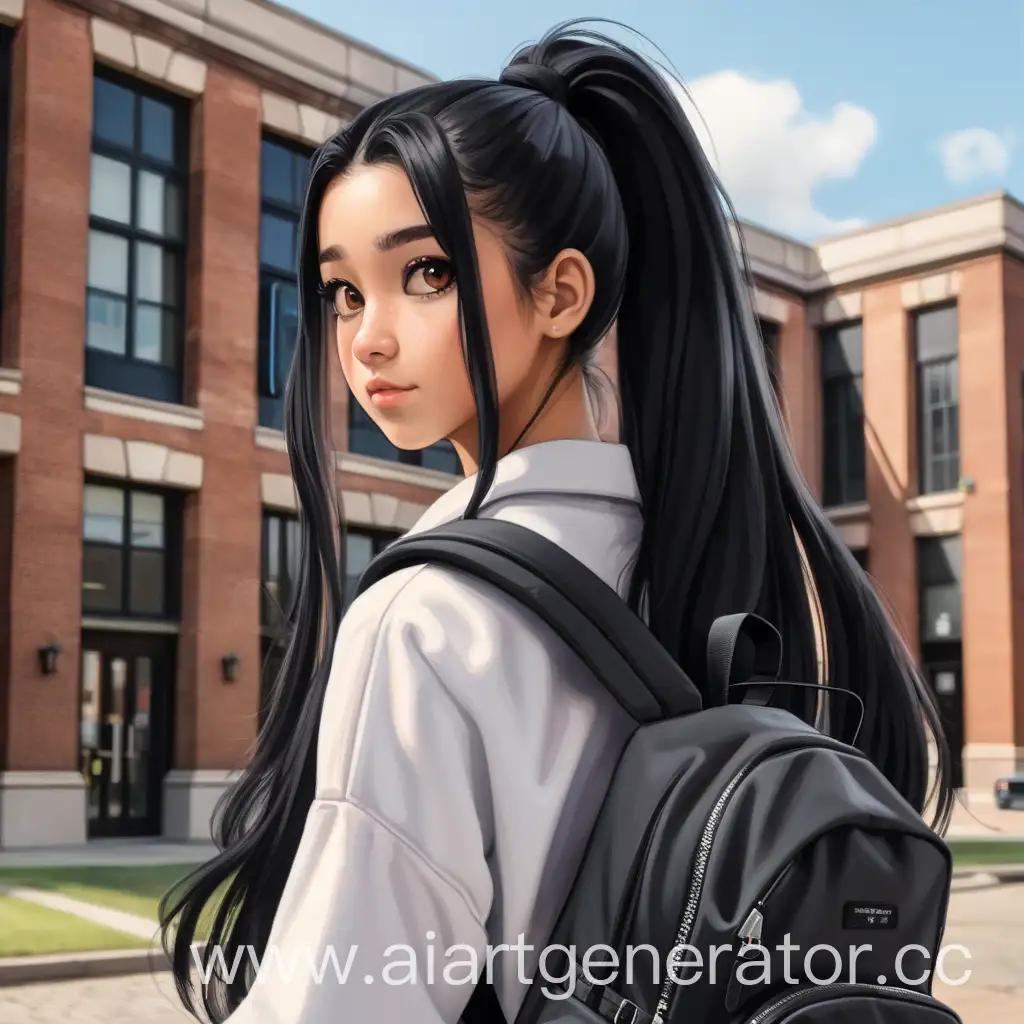 Urban-Girl-with-Long-Ponytail-and-Backpack-by-Brick-Building