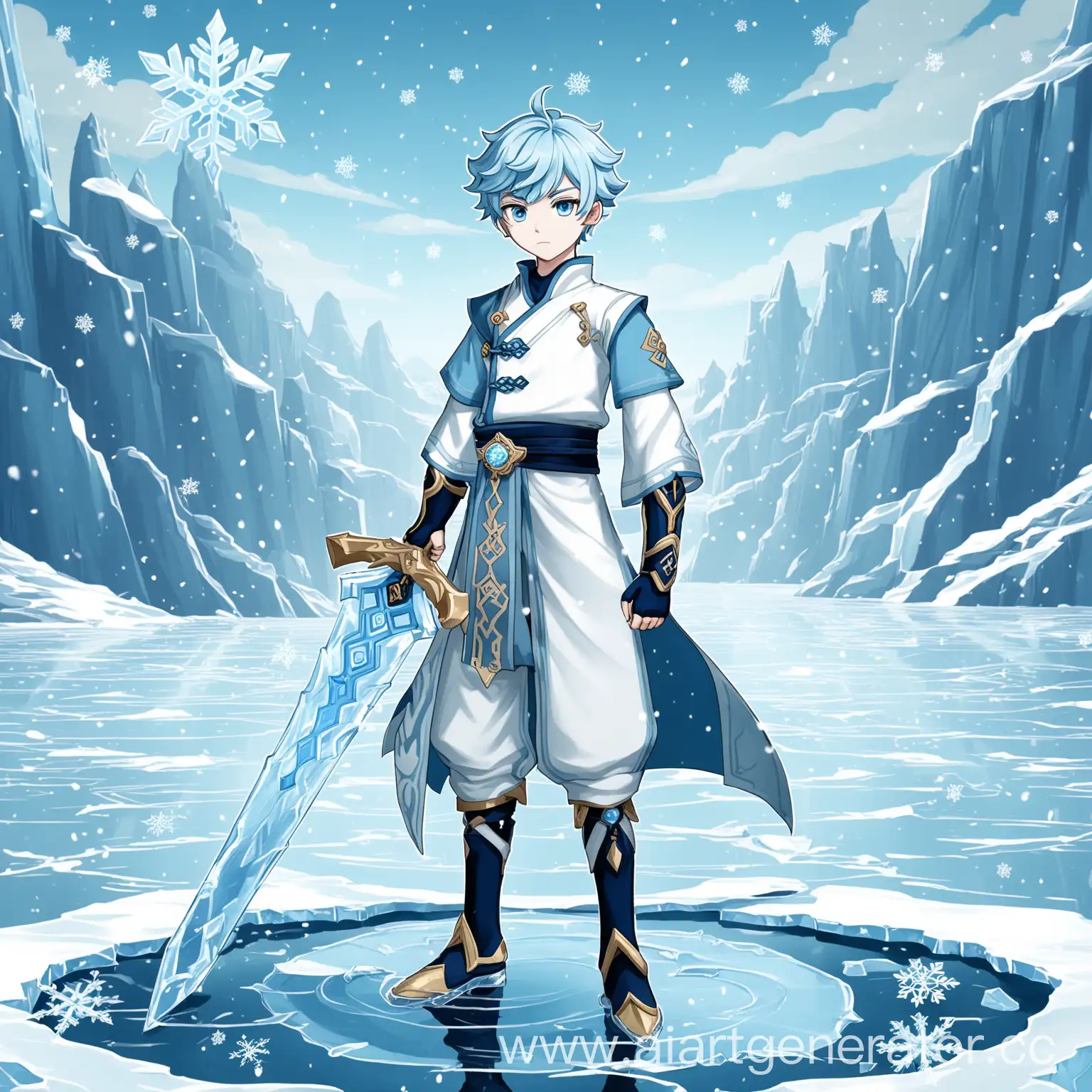 Chongyun from genshin impact, Chongyun, genshin impact, anime boy, голубые волосы, длинные волосы, голубые глаза, двуручный меч, стоит посреди озера на льду, лёд, снежинки