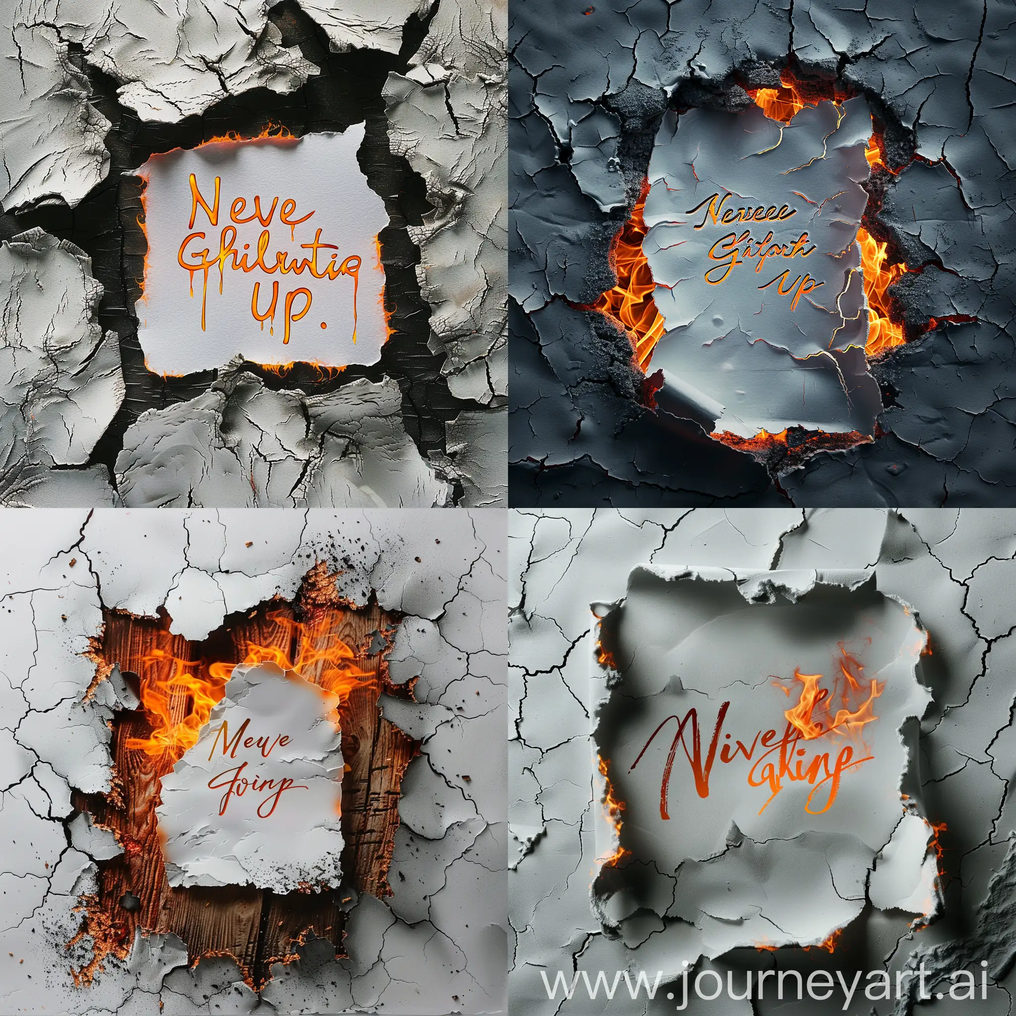 A photorealistic image showing a piece of white paper on a torn background. The paper has a handwritten fire blazing orange quote that reads: 'Never Give up'. The background resembles burning white paper revealing a rough, textured underlayer and ashes, giving the impression of a charred wall or surface. The paper with the quote is smooth and clean, contrasting with the rough and jagged edges of the smoke background. The image is wide, emphasizing the contrast between the burnt edges and the burning paper in the center.