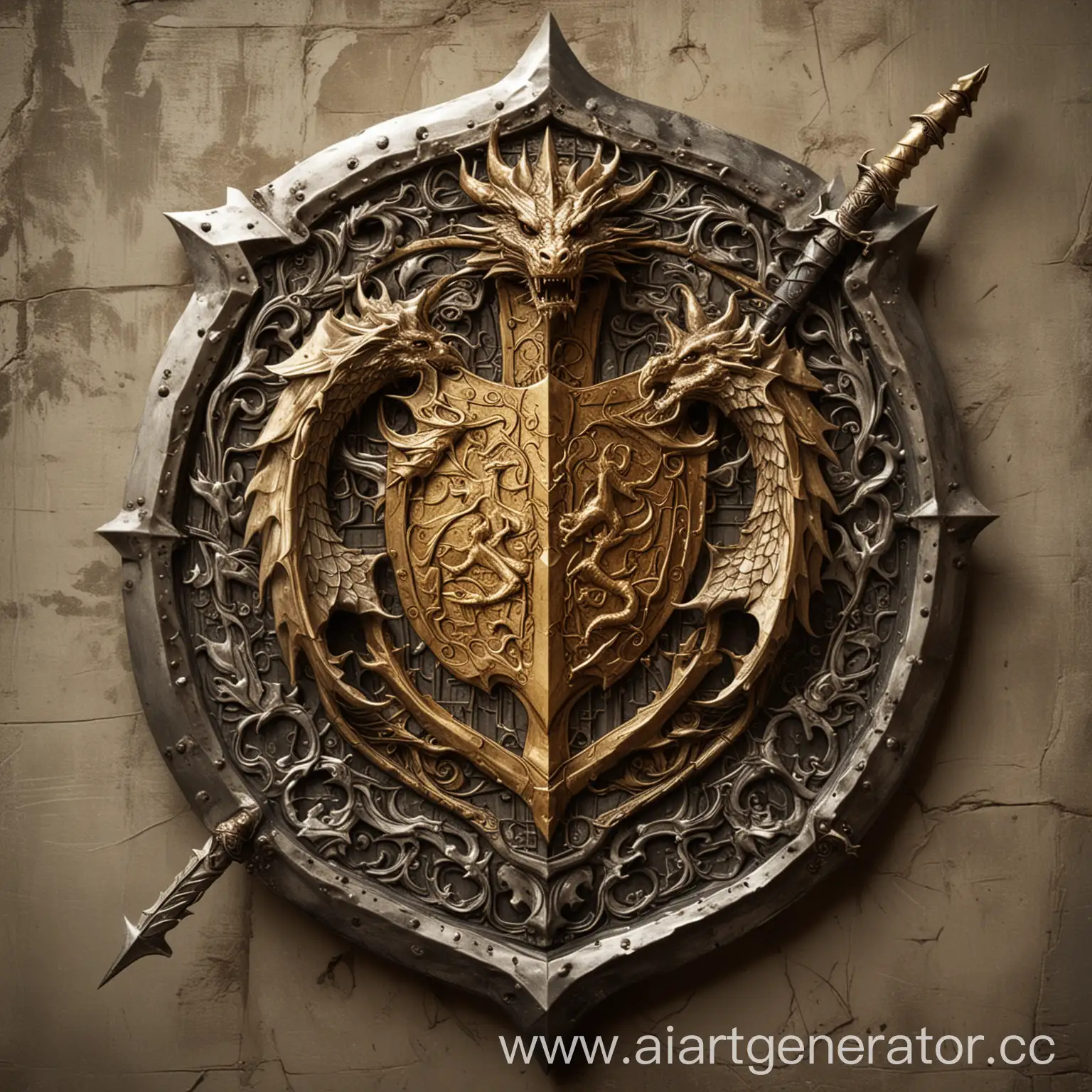 Medieval-Clan-Heraldry-Shield-with-Dragon-Sword-Castle-and-Book-Silhouettes