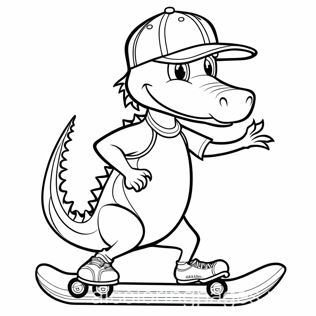 Skatingbording alligator with a baseball cap, Coloring Page, black and white, line art, white background, Simplicity, Ample White Space. The background of the coloring page is plain white to make it easy for young children to color within the lines. The outlines of all the subjects are easy to distinguish, making it simple for kids to color without too much difficulty