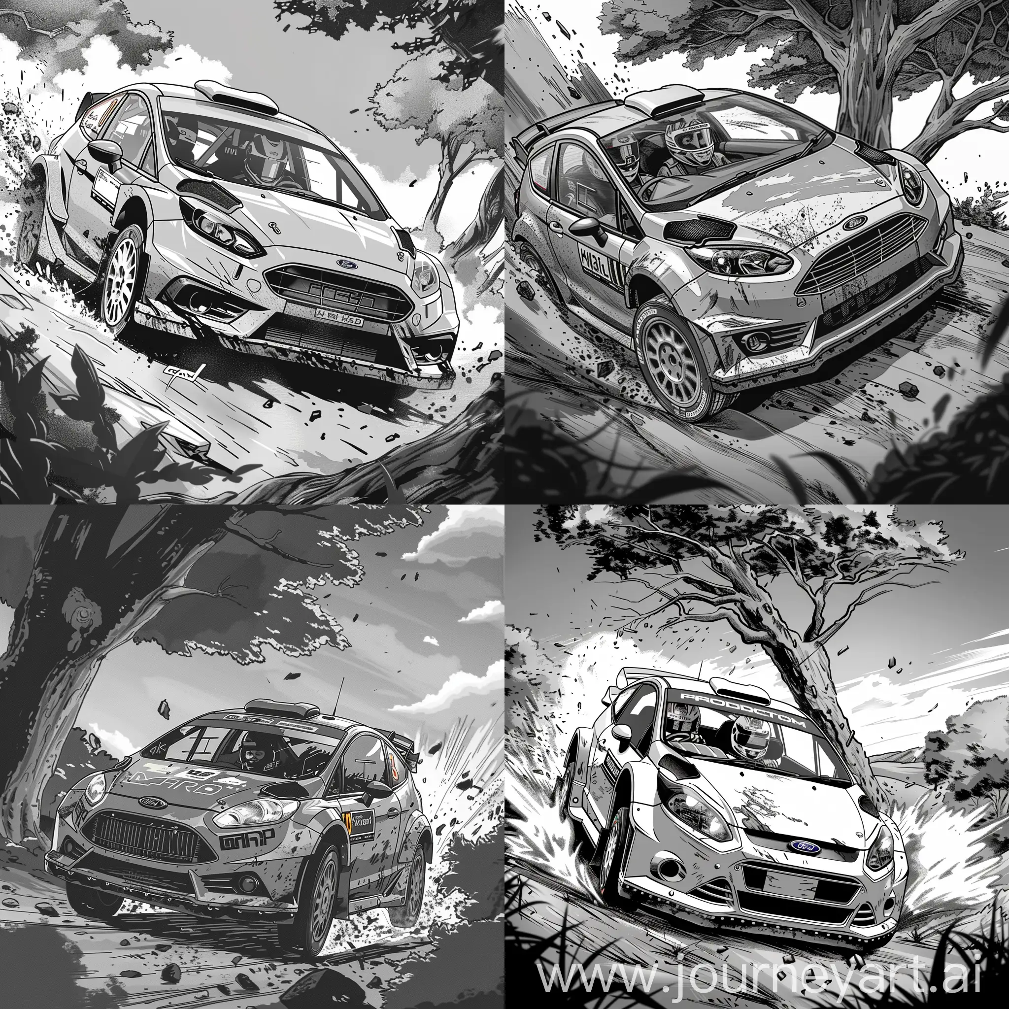 a grayscale manga panel about a rally driver driving a ford fiesta wrc wearing a full face helmet with his co driver that crashes into a tree in a rally stage on Wales