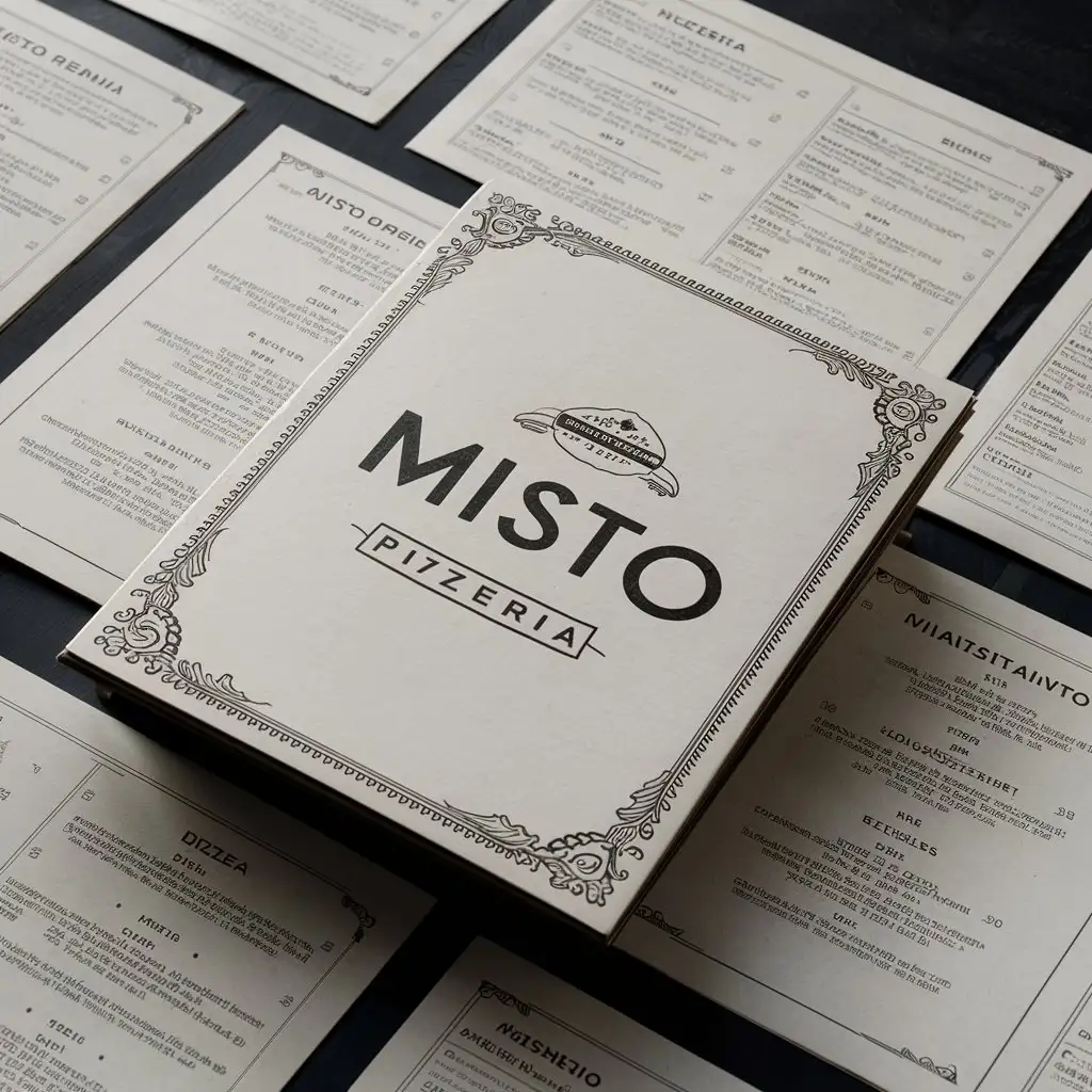 Misto Pizzeria, Menu, Black minimalist Vintage menu, Edge decoration, Classic menu, Elegant menu, Template, A4, authentic, Italy flag, elegant