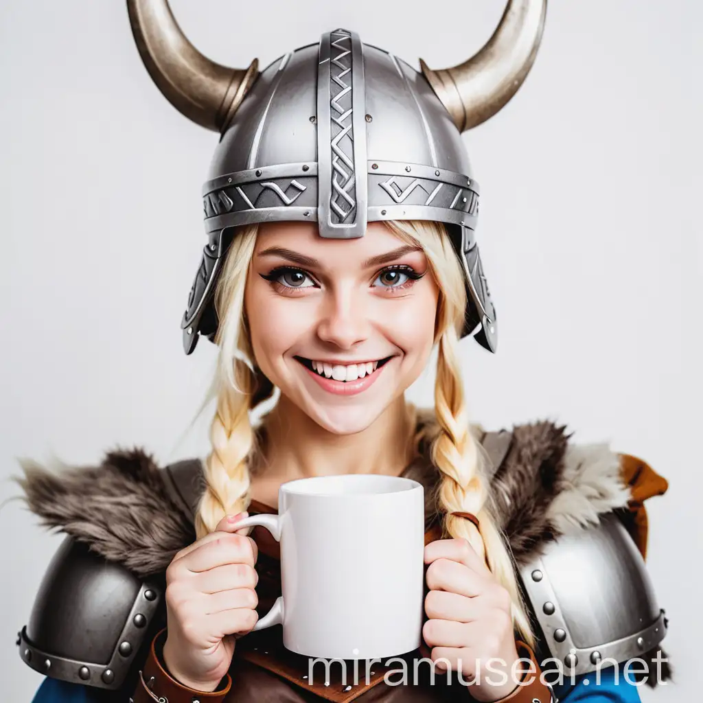 Smiling Blonde Viking Cosplayer with White Mug on Clean Background