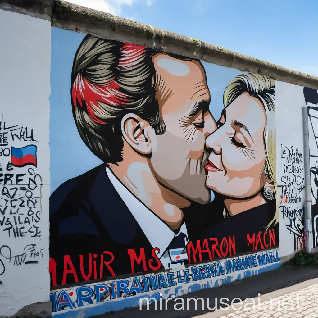 Political Kiss Emmanuel Macron and Marine Le Pen Fresco on Berlin Wall
