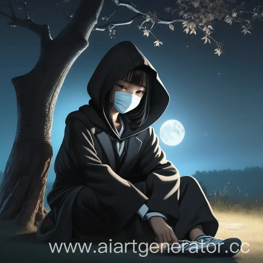 Девушка, азиатской внешности, сидит под деревом при лунном свете, на ней надет чёрный костюм, с плащем, капюшоном и маской, которая закрывает все, кроме ее глаз, ее глаза показывают на ее жёсткий характер