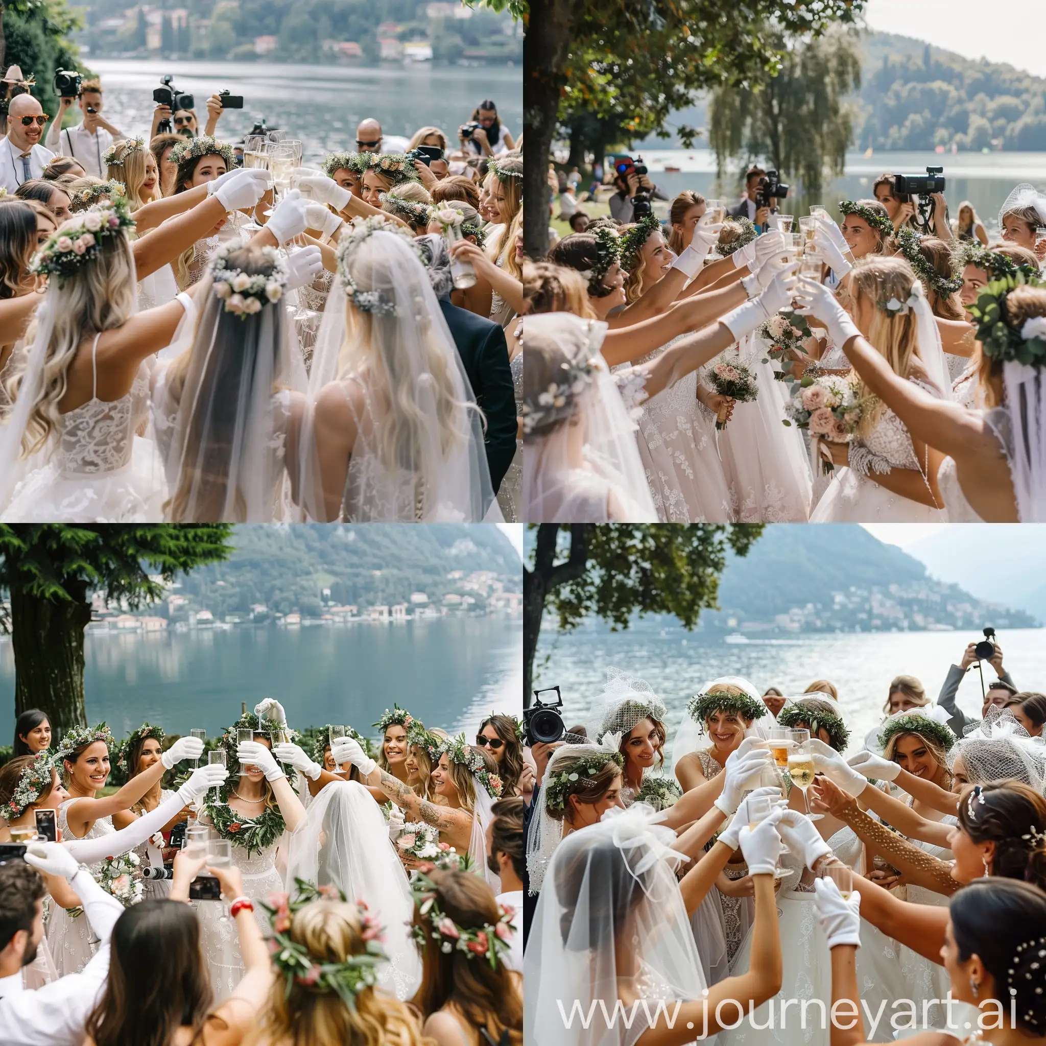 Multidão de noivas de véu e grinalda com luva branca brindando juntas em frente ao lago e pessoas filmando
