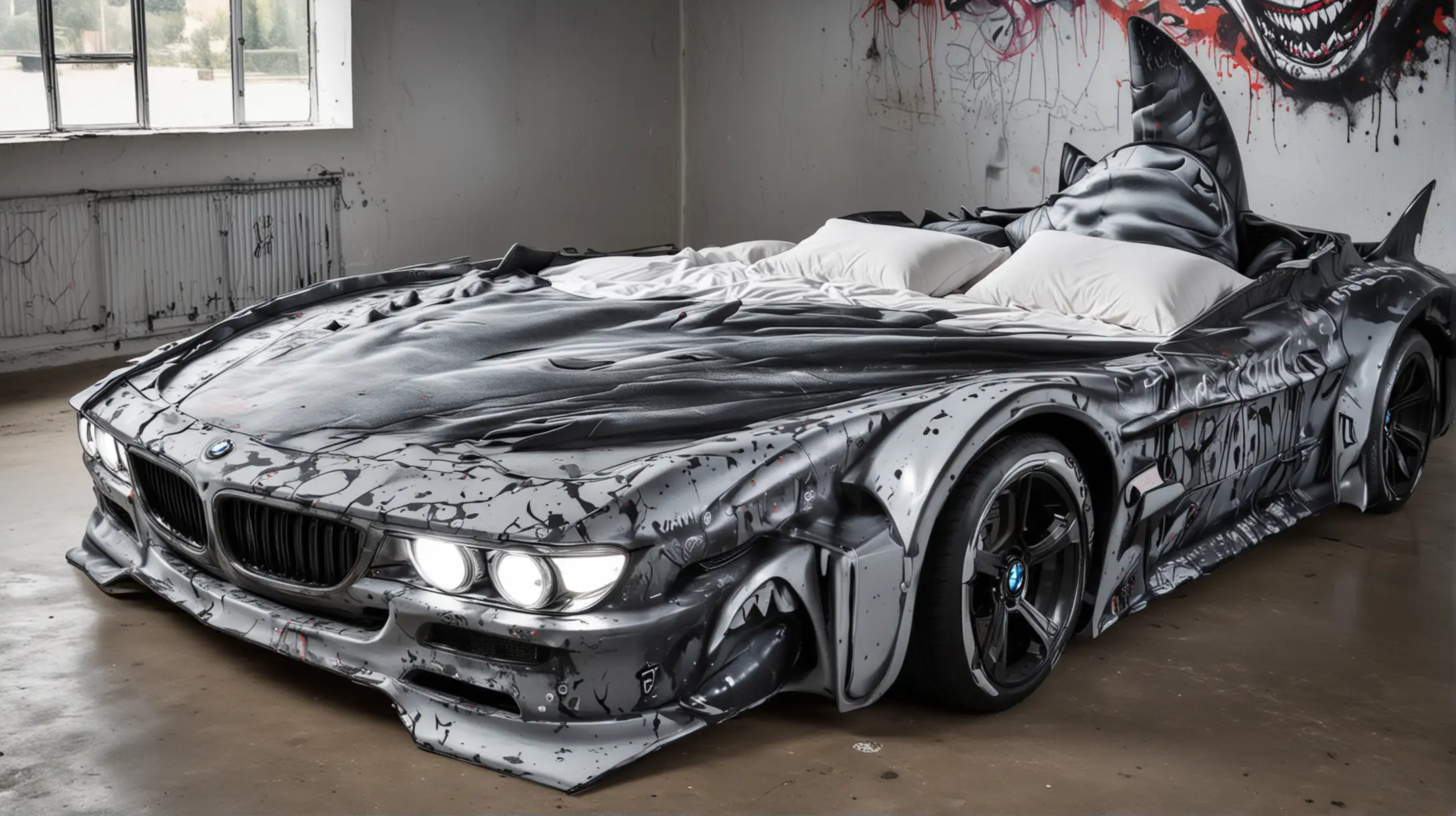 Double bed in the shape of a BMW car with headlights on with evil Shark graffiti