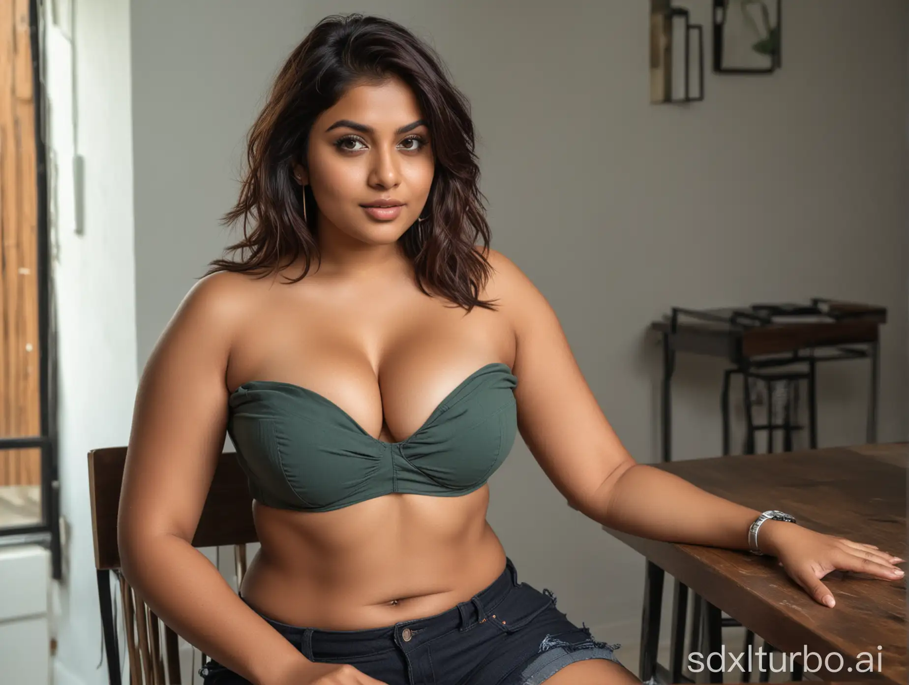 Sultry-Indian-Woman-in-Unbuttoned-Crop-Top-Sitting-at-Table