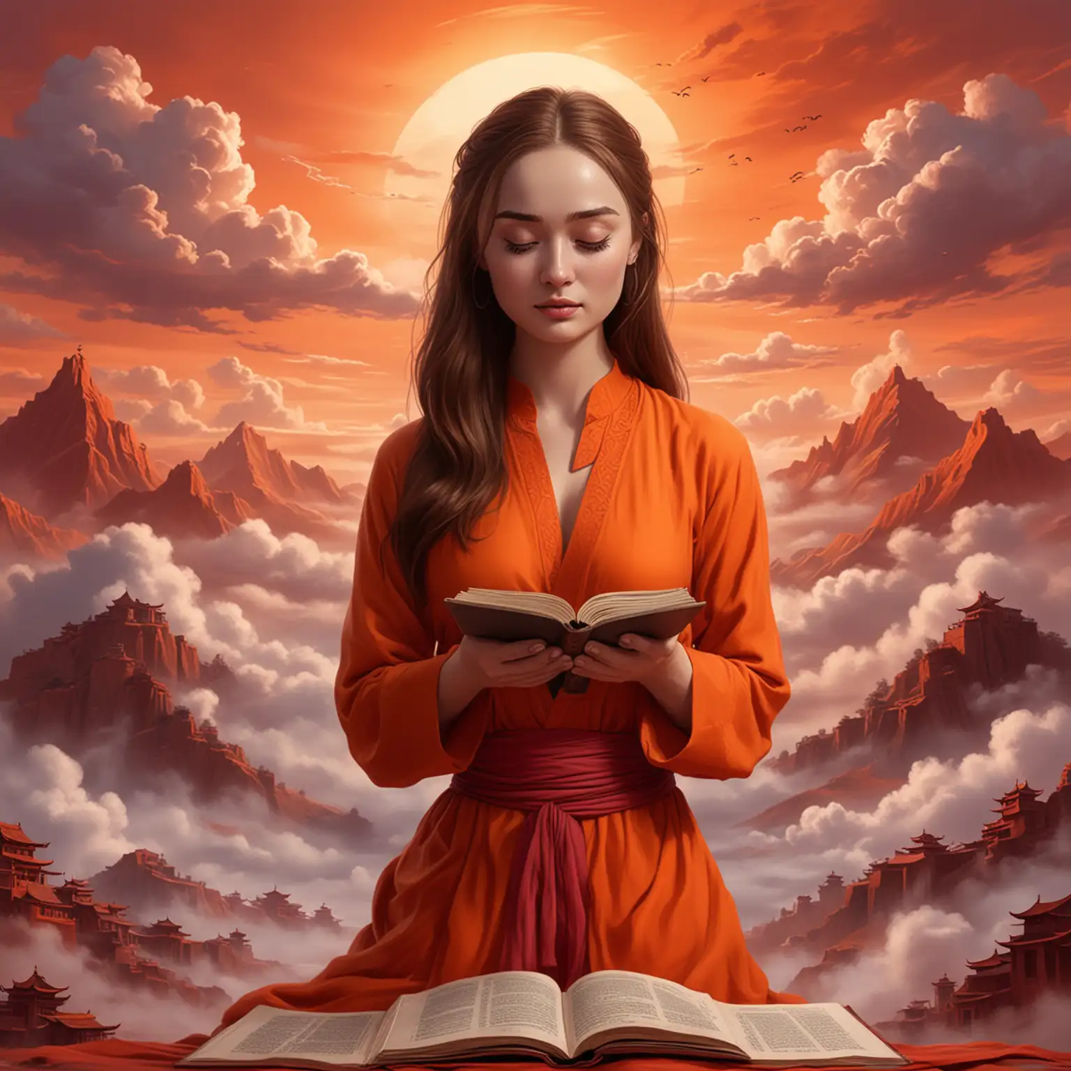cartoon, Sophie Turner as asian girl reads mantras, only 5 fingers, orange dress, Tibet, fog, clouds, Red Sky, eyes closed