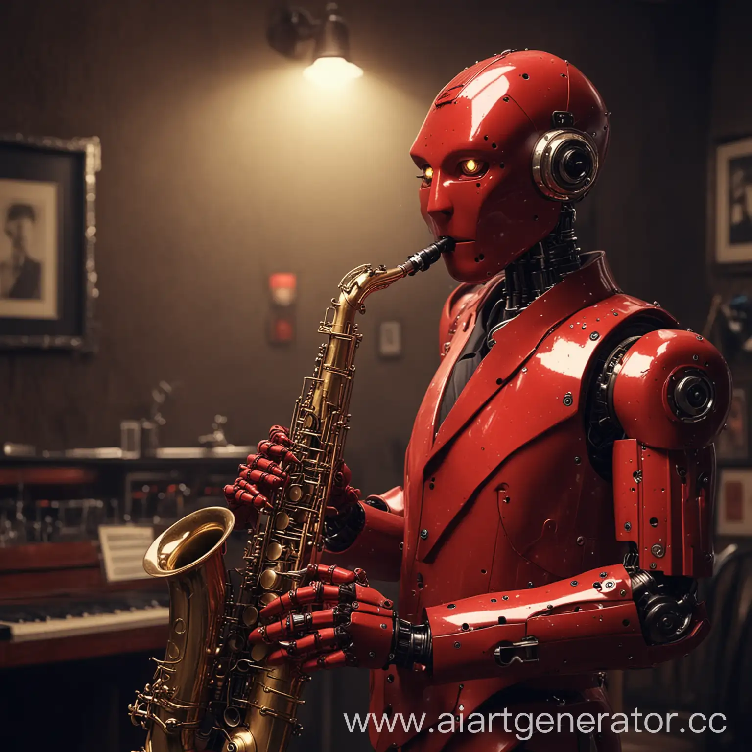 Красный робот играет на саксофоне в джаз клубе