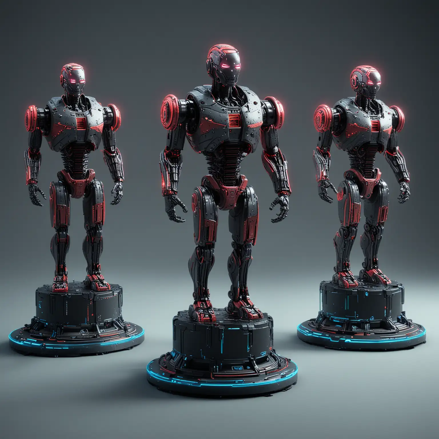 три ярких 3д низких роботизированных пьедестала киберпанк из будущего неон