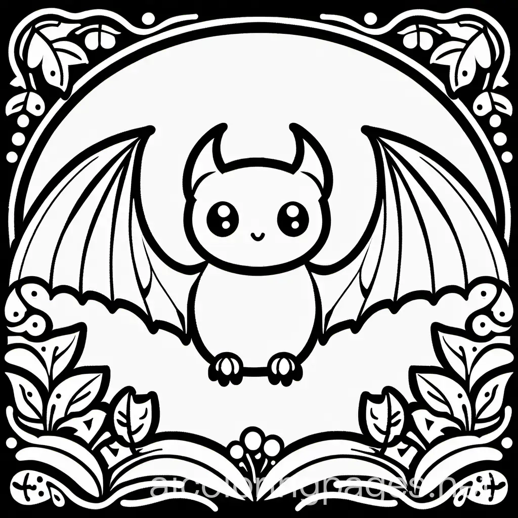 a cute bat hanging out, Coloring Page, black and white, line art, white background, Simplicity, Ample White Space. The background of the coloring page is plain white to make it easy for young children to color within the lines. The outlines of all the subjects are easy to distinguish, making it simple for kids to color without too much difficulty