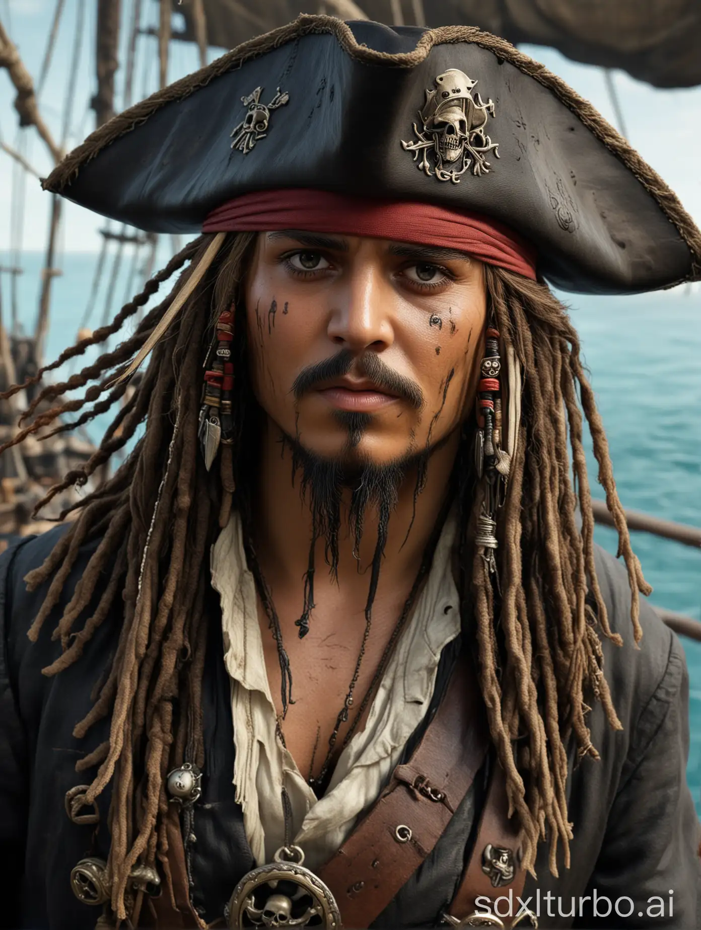 captain jack sparrow dressed as a pirate, standing on a pirate ship, detailed symmetrical eyes, detailed handsome face, with a 3-cornered hat with a small pirate emblem, visible dreadlocks, and the water in the background is very realistic, smooth, sharp focus, in high resolution, 32k