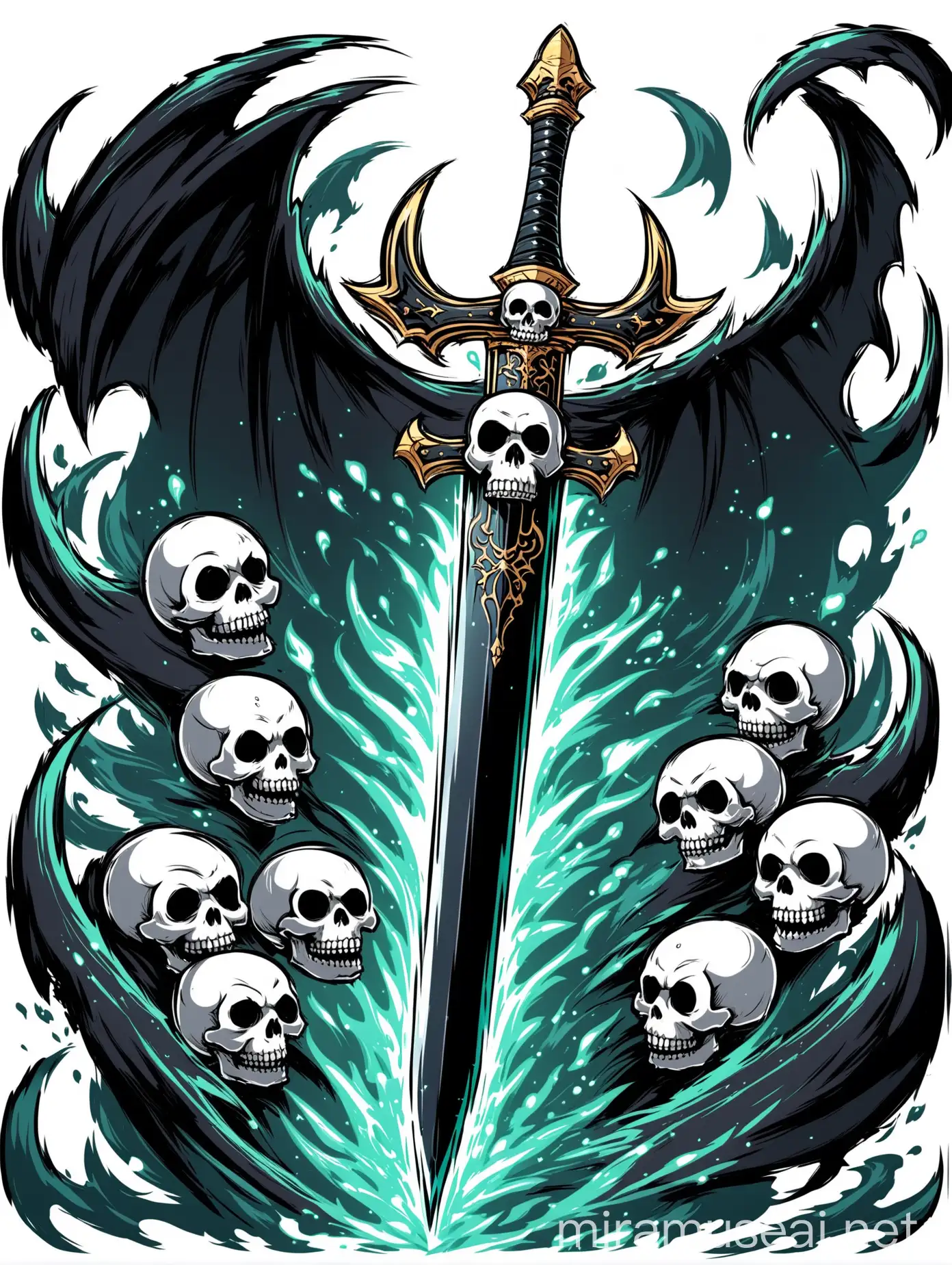 Fantasy sword of death, black sword with skull, cartoon style, white background