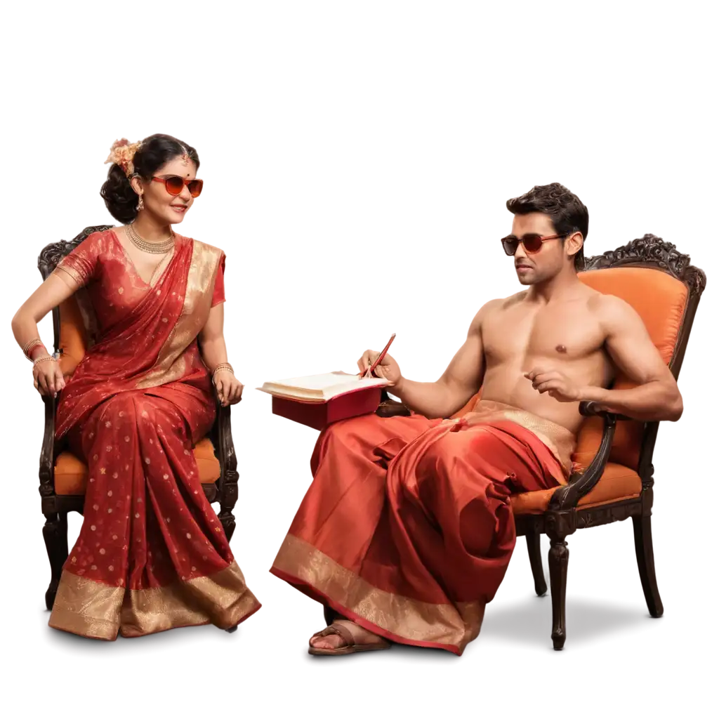 A detailed, realistic couple having romance in a traditional red sari. in a chair at the court, wearing sunglasses and holding a pen file.. with expressive, brown eyes on a solid bright orange, out of focus background. The image is realistic with studio lighting full size frame.