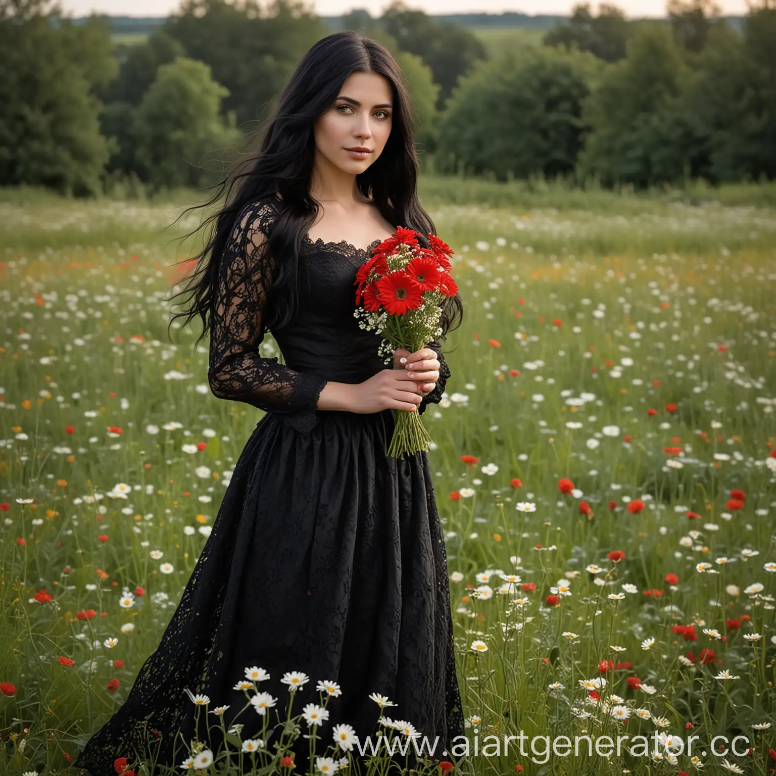 Фото реалистичной женщины с длинными чёрными волосами в кружевной чёрном платье в пол, стоит боком в поле, в руках держит букет ромашек и красную свечу