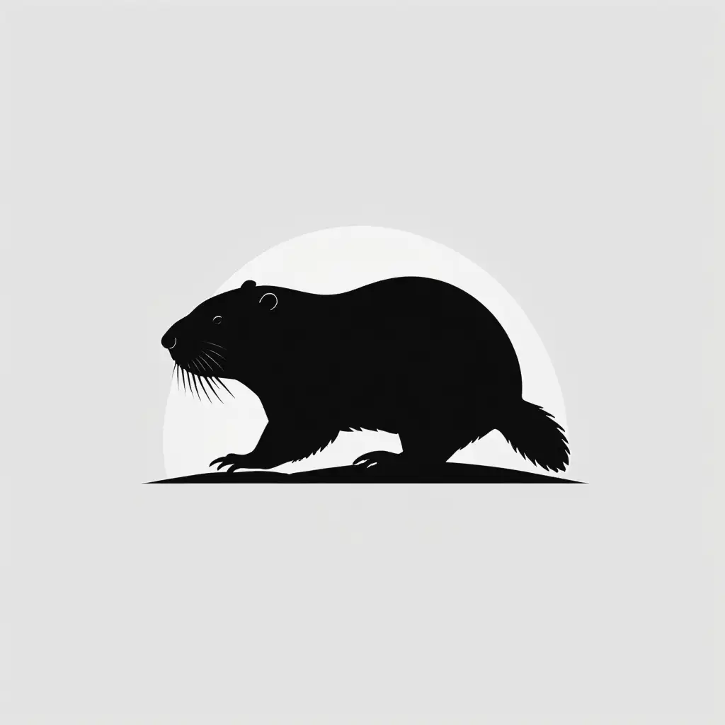 Minimalistic Black Silhouette of North American Beaver on White Background