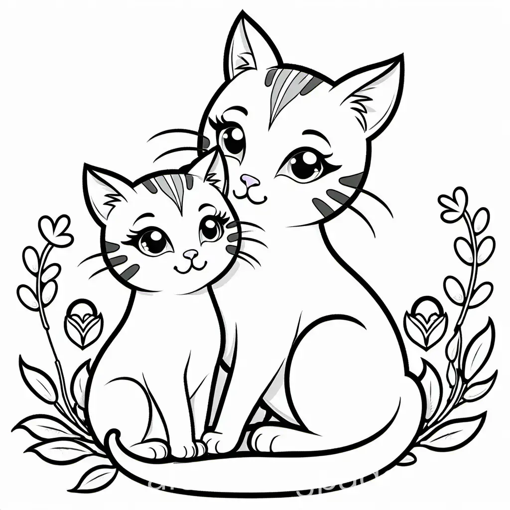 Happy mother cat takes care of baby cat, Coloring Page, black and white, line art, white background, Simplicity, Ample White Space. The background of the coloring page is plain white to make it easy for young children to color within the lines. The outlines of all the subjects are easy to distinguish, making it simple for kids to color without too much difficulty