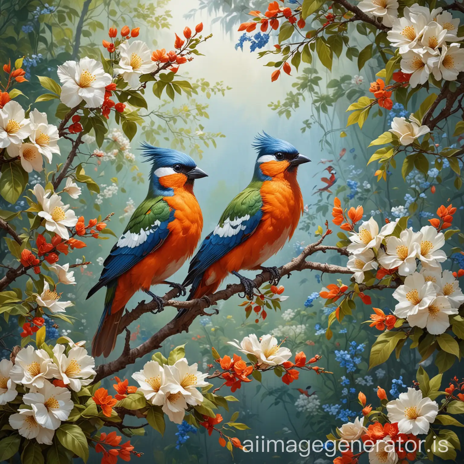 The picture shows branches of a blooming tree with white and red flowers and bright green leaves. On these branches, a pair of colorful birds sits. The birds have striking blue feathers on their wings and heads, with a bright orange-red chest and a white belly. The birds stand close to each other, adding a touch of balance and natural beauty to the scene. The background is blurry and appears in soothing colors, making the flowers and birds stand out even more. The lighting and shadows are distributed precisely, giving the image depth and realism.
