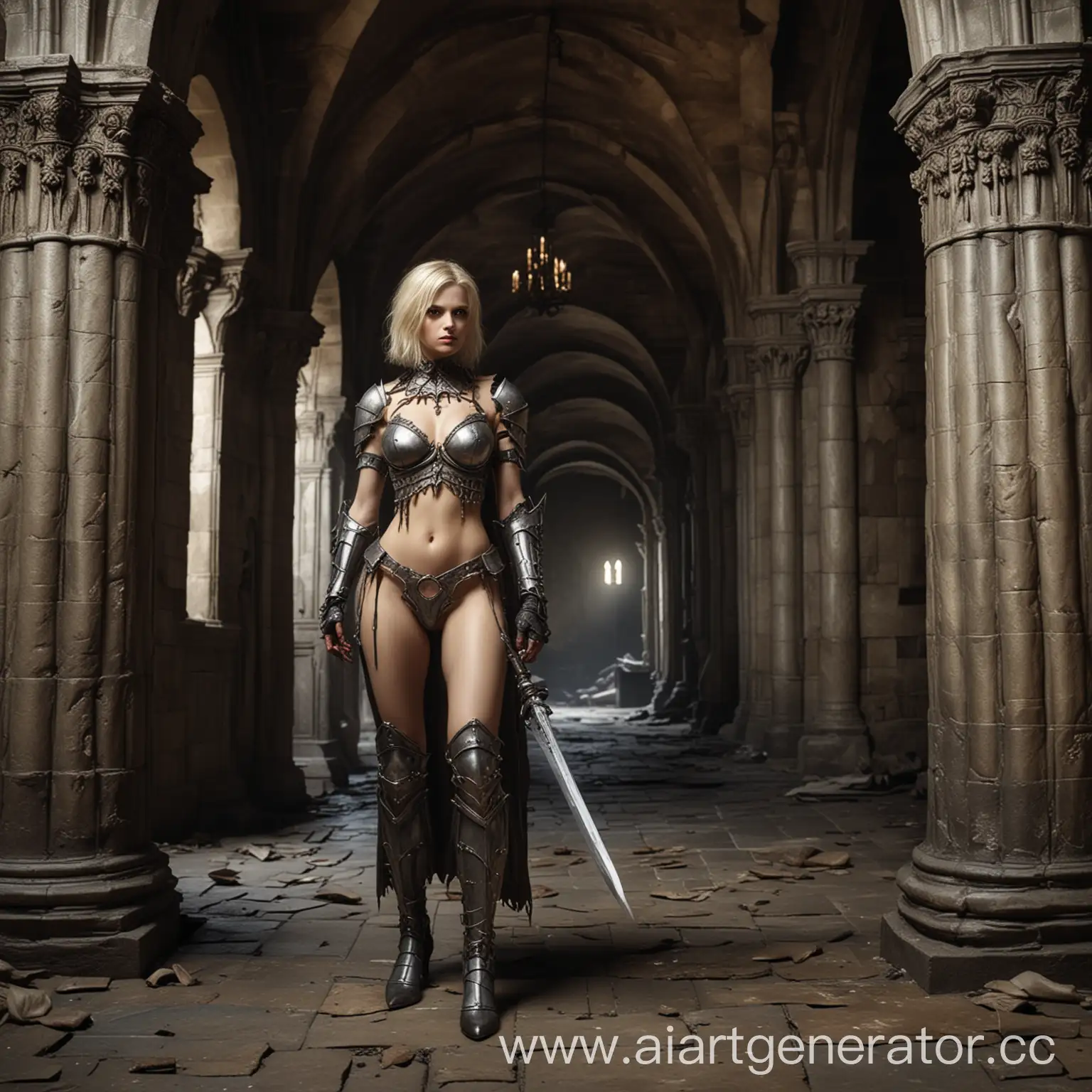Blonde-Woman-in-Rich-Mans-Armor-Amidst-Monster-Bones-and-Skins-in-Dark-Castle