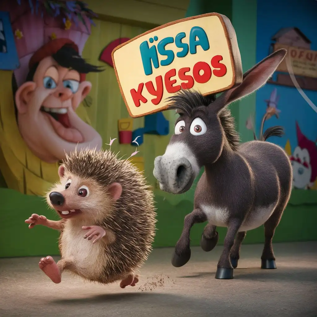 Hedgehog-Fleeing-from-Donkey-with-ISA-KHUESOS-Sign