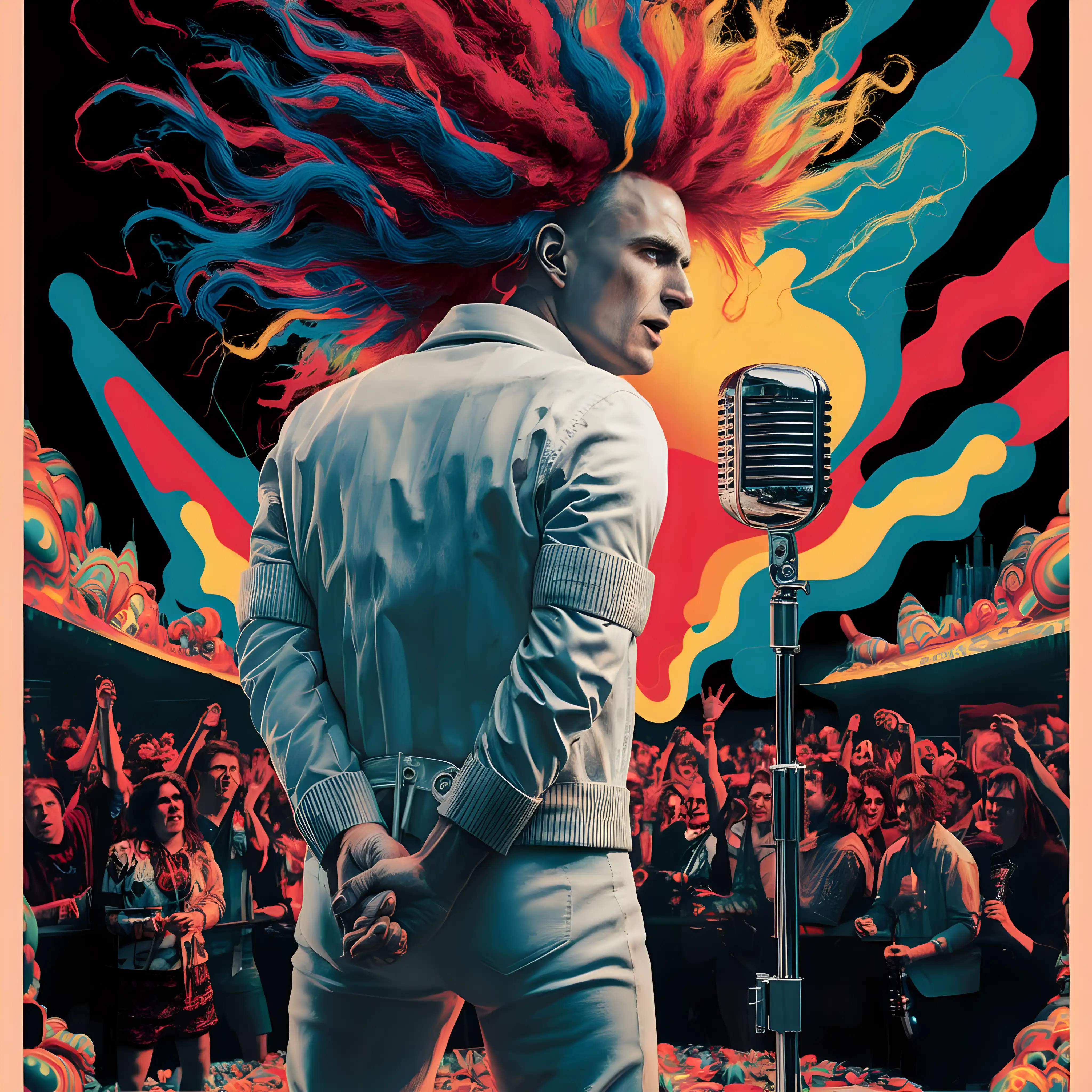 View of a white man from behind, facing away, his arms restrained in the sleeves of a straight jacket, he speaks at a microphone
His sleeves are tied behind his back
Technicolor
Speaking to a large crowd
Concert poster