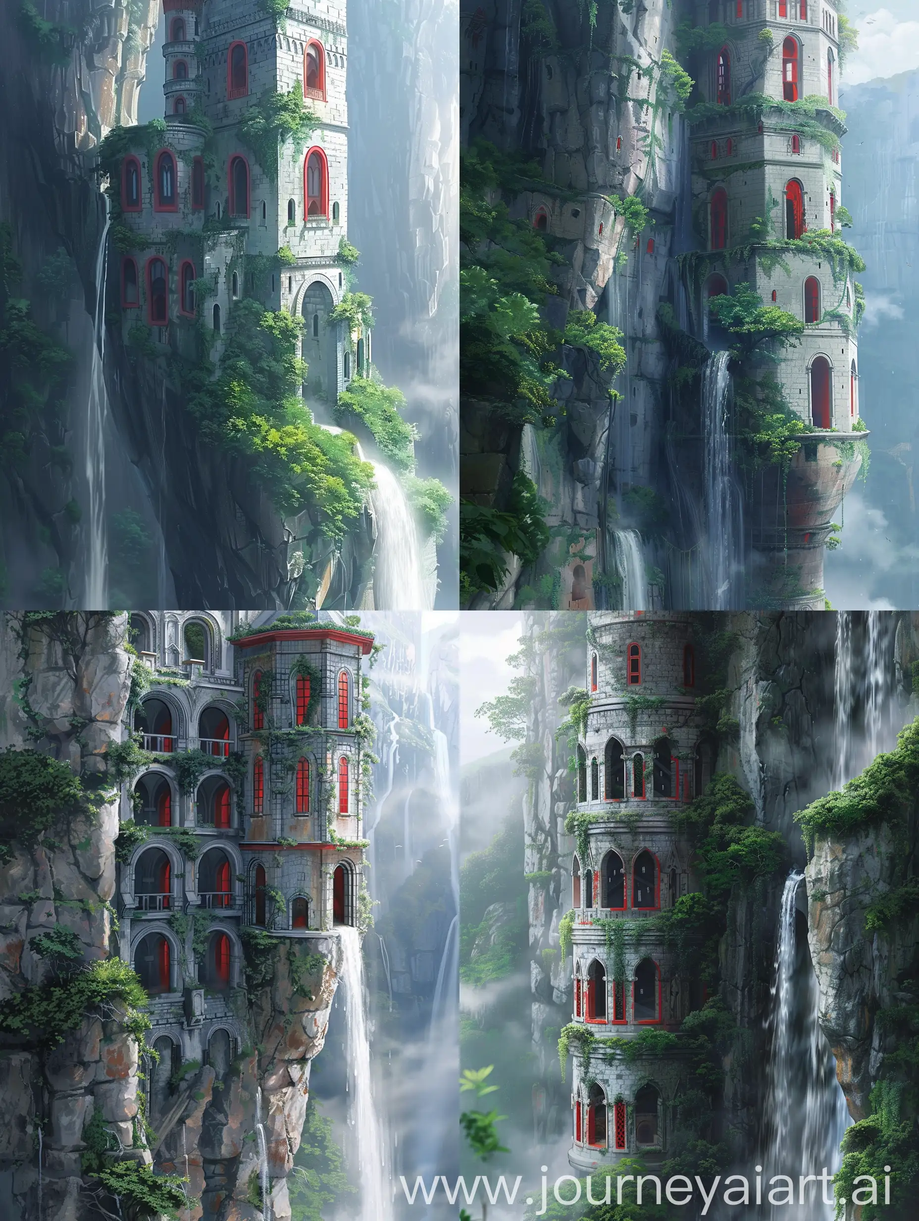 Ghibli-Anime-Style-Tower-on-Cliff-with-Waterfall-and-Lush-Greenery
