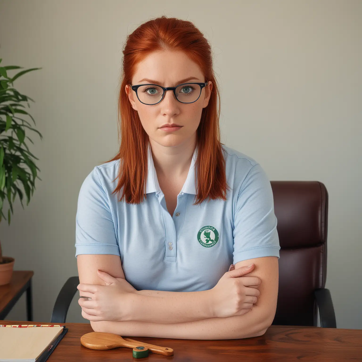 A Business woman is sitting on the desk in her office. She is staring at me with a very stern look on her face. She is about 25 with red hair, green eyes, and glasses. She is holding a very large wooden paddle shaped like a ping pong paddle. She is wearing a blue and white polo shirt.