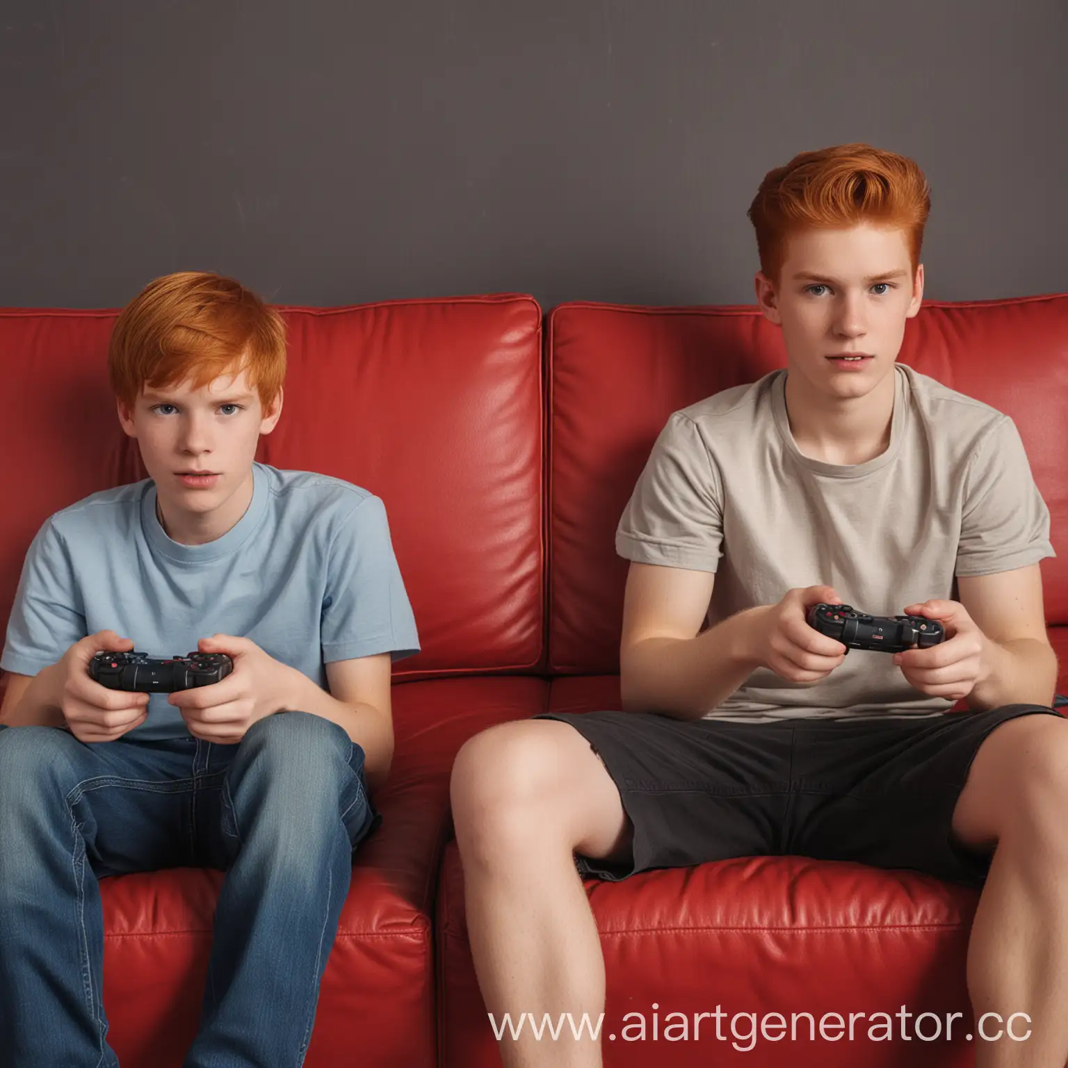 Two-Boys-Enjoying-Video-Games-on-Red-Couch