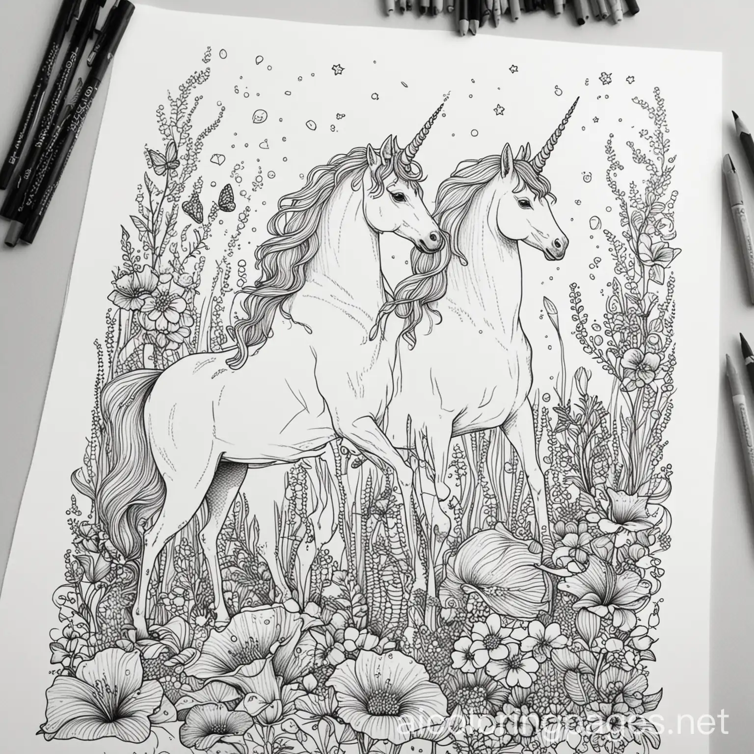 Unicorns with mermaids 
, Coloring Page, black and white, line art, white background, Simplicity, Ample White Space. The background of the coloring page is plain white to make it easy for young children to color within the lines. The outlines of all the subjects are easy to distinguish, making it simple for kids to color without too much difficulty